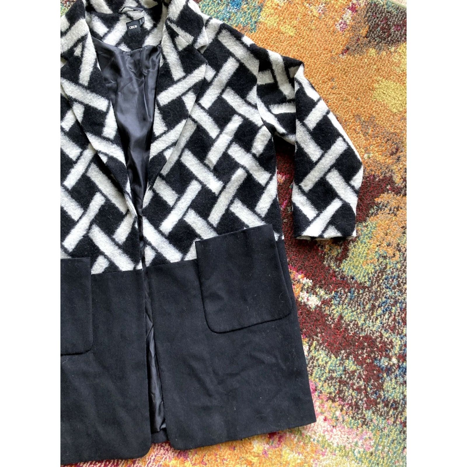 Asos ASOS Coat Wool Blend Overcoat Long Pockets Lined Black 10 Womens Geometric Jacket Multicolor Exterior Size L / US 10 / IT 46 - 3 Thumbnail