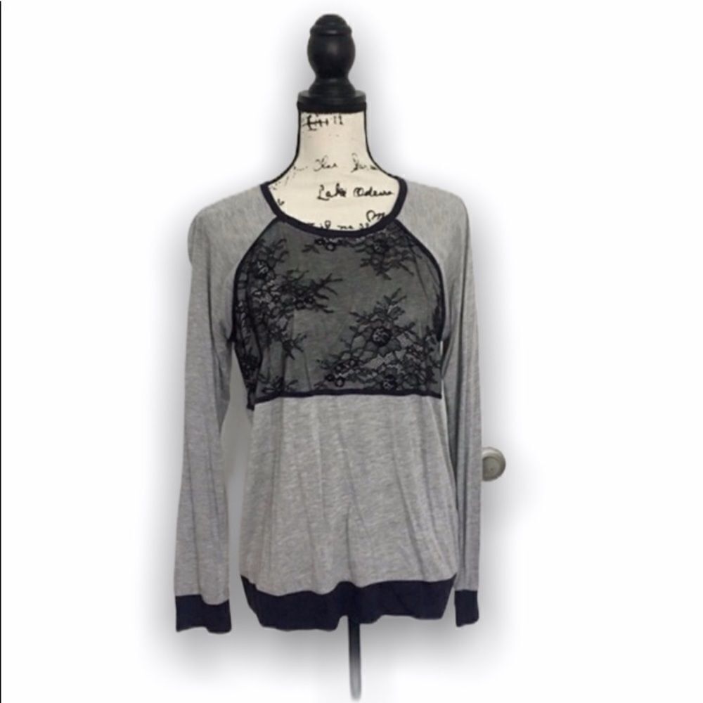 Tibi Tibi Gray Long Sleeve Top with Lace Overlay | Contrast Trim Size XS / US 0-2 / IT 36-38 - 1 Thumbnail