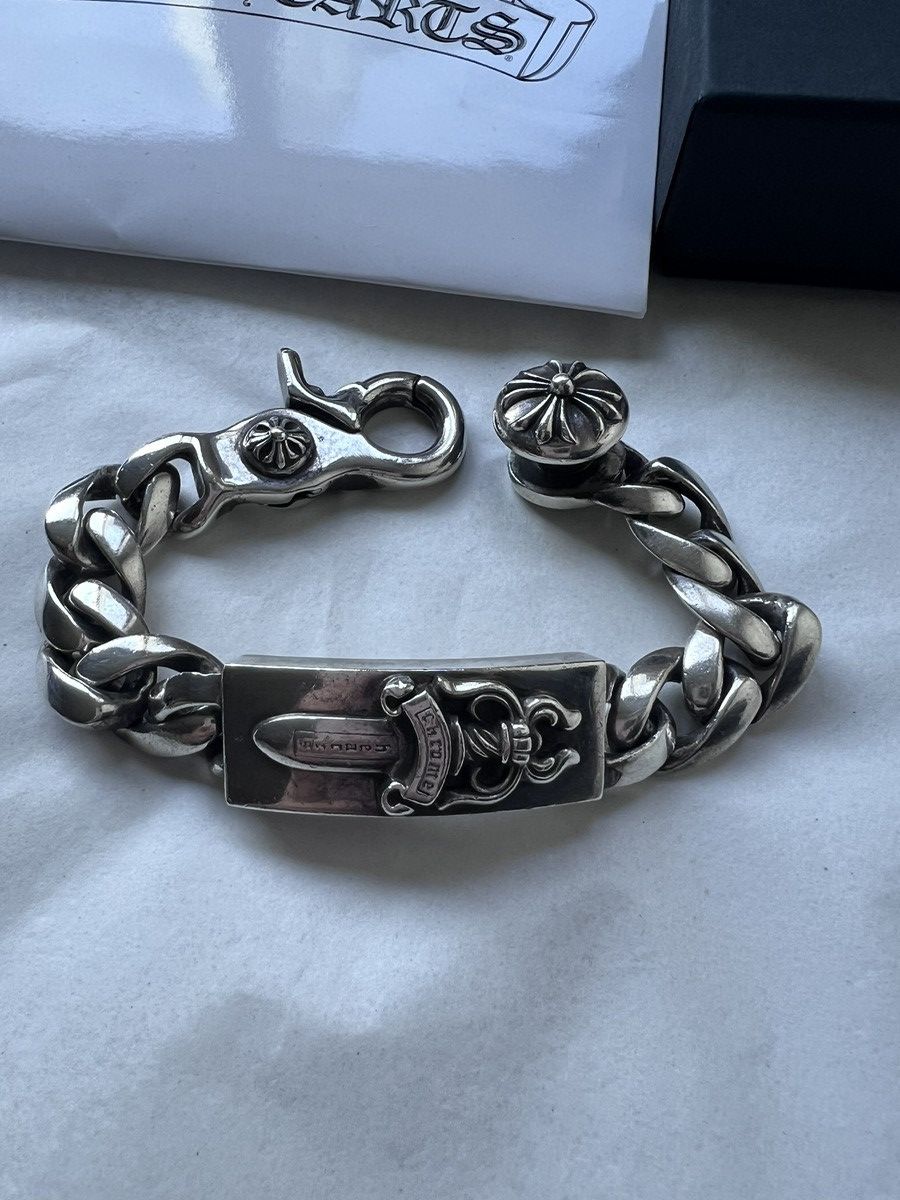 Pre-owned Chrome Hearts Dagger Id Bracelet Smooth Link Lobster Clasp In Silver