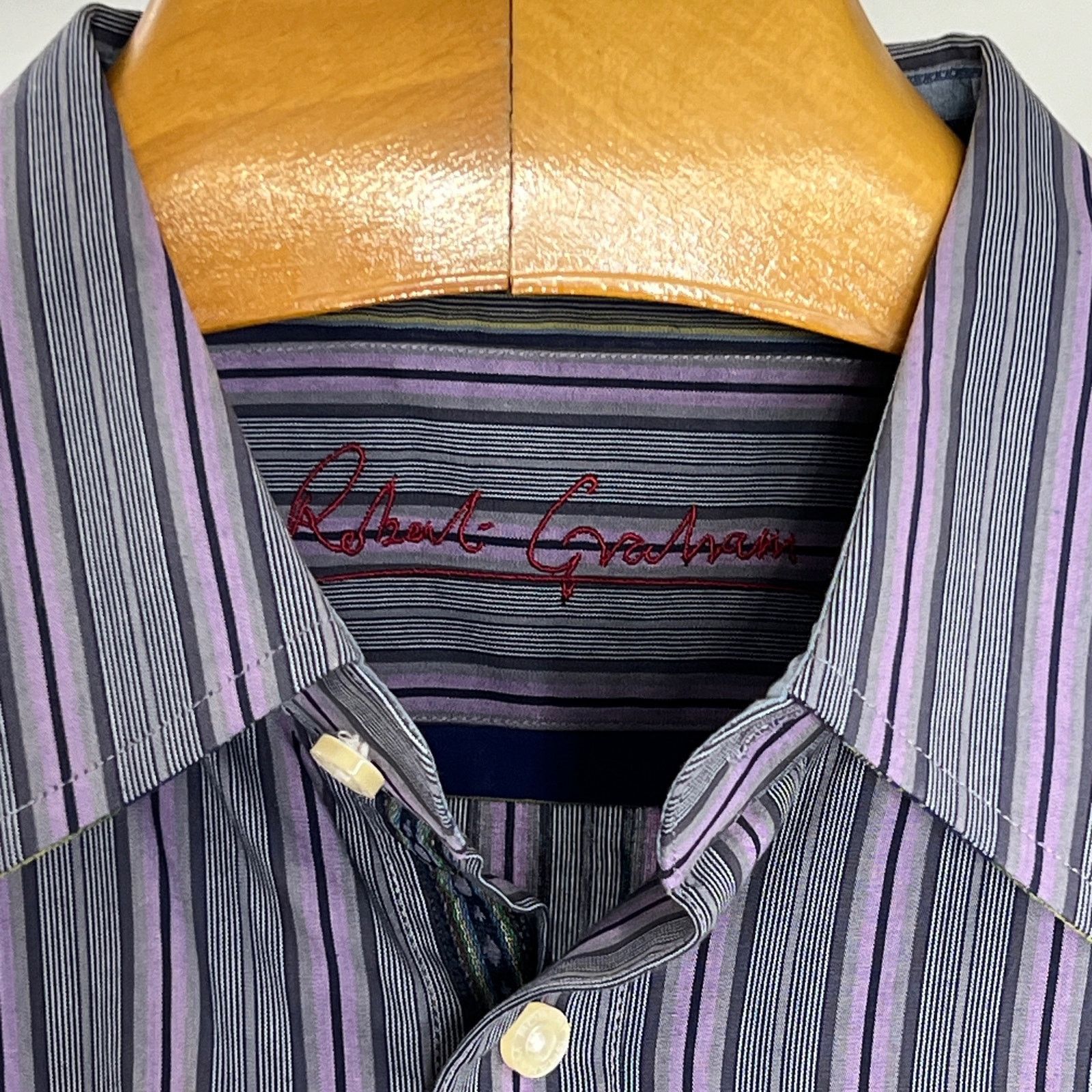 Robert Graham Robert Graham Mens Purple Gray Striped Flip Cuff Shirt Sz XL Size US XL / EU 56 / 4 - 5 Thumbnail