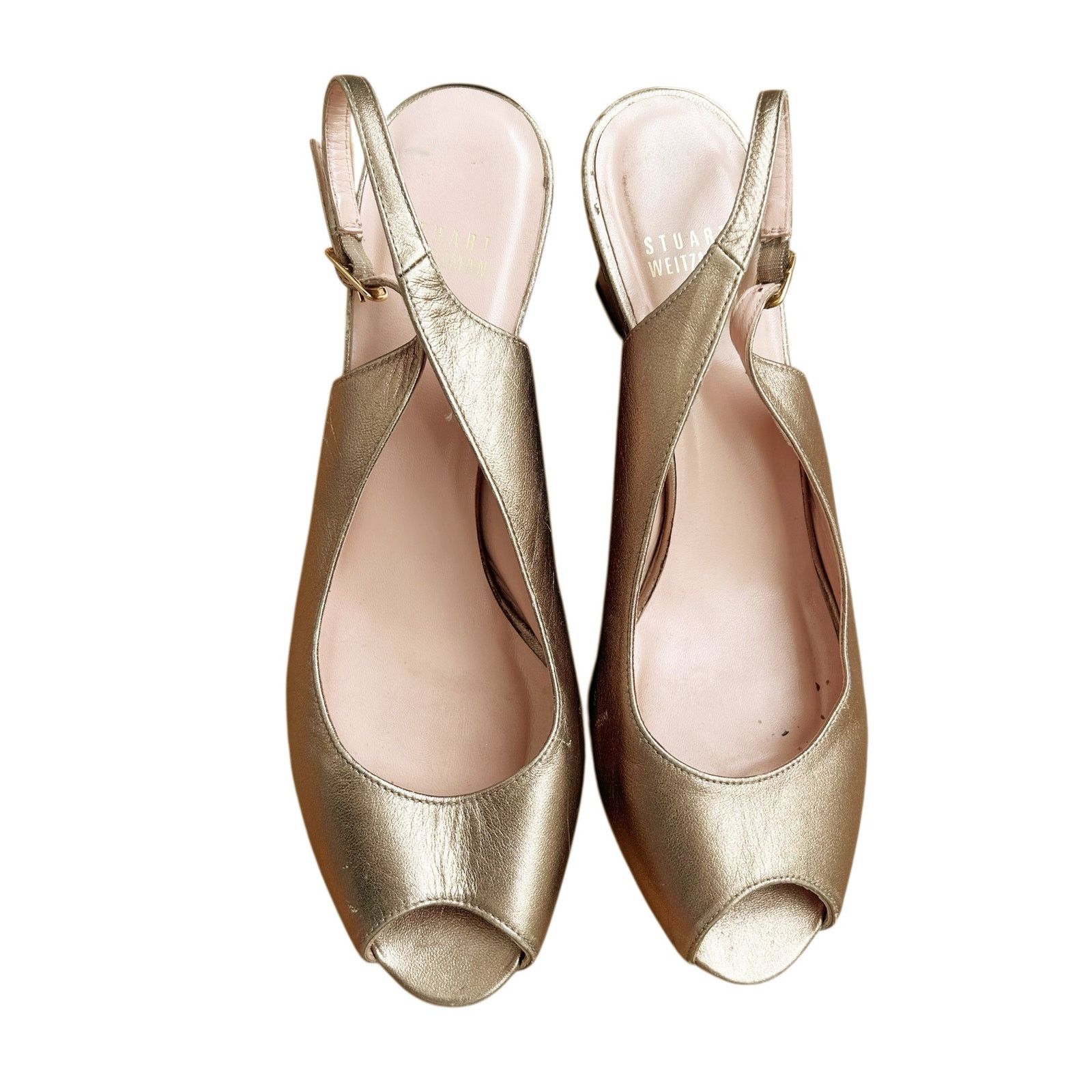 Stuart Weitzman Stuart Weitzman Gold Leather Slingback Peep Toe Wedges 9.5 Size US 9.5 / IT 39.5 - 2 Thumbnail