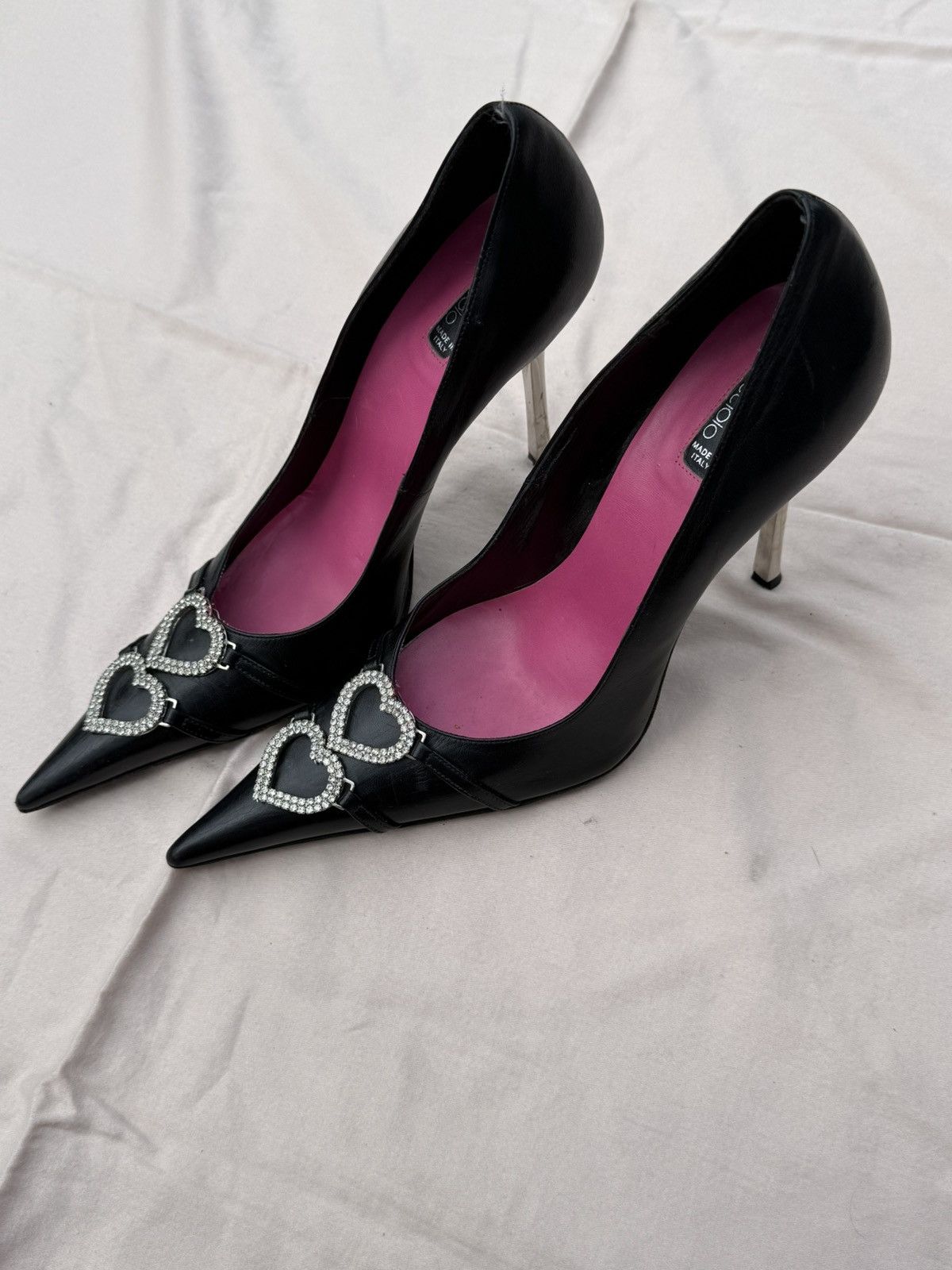 Other Gai Mattiolo Black Leather Crystal Heart Embellished Heels Size US 10 / IT 40 - 2 Thumbnail