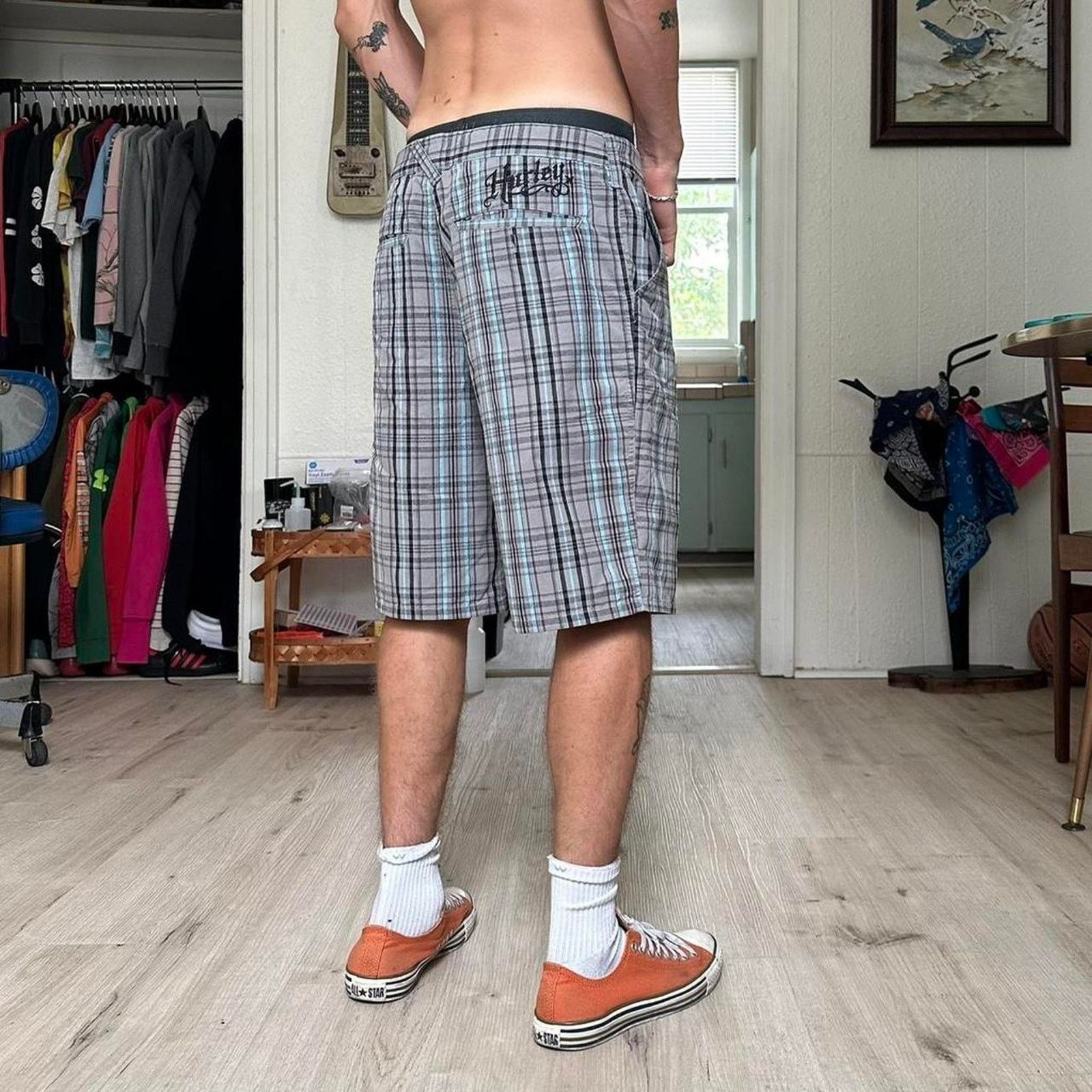 Hurley × Vintage Vintage Y2K 2000s Black Blue Plaid Hurley Surf Skate Shorts Size US 32 / EU 48 - 8 Thumbnail