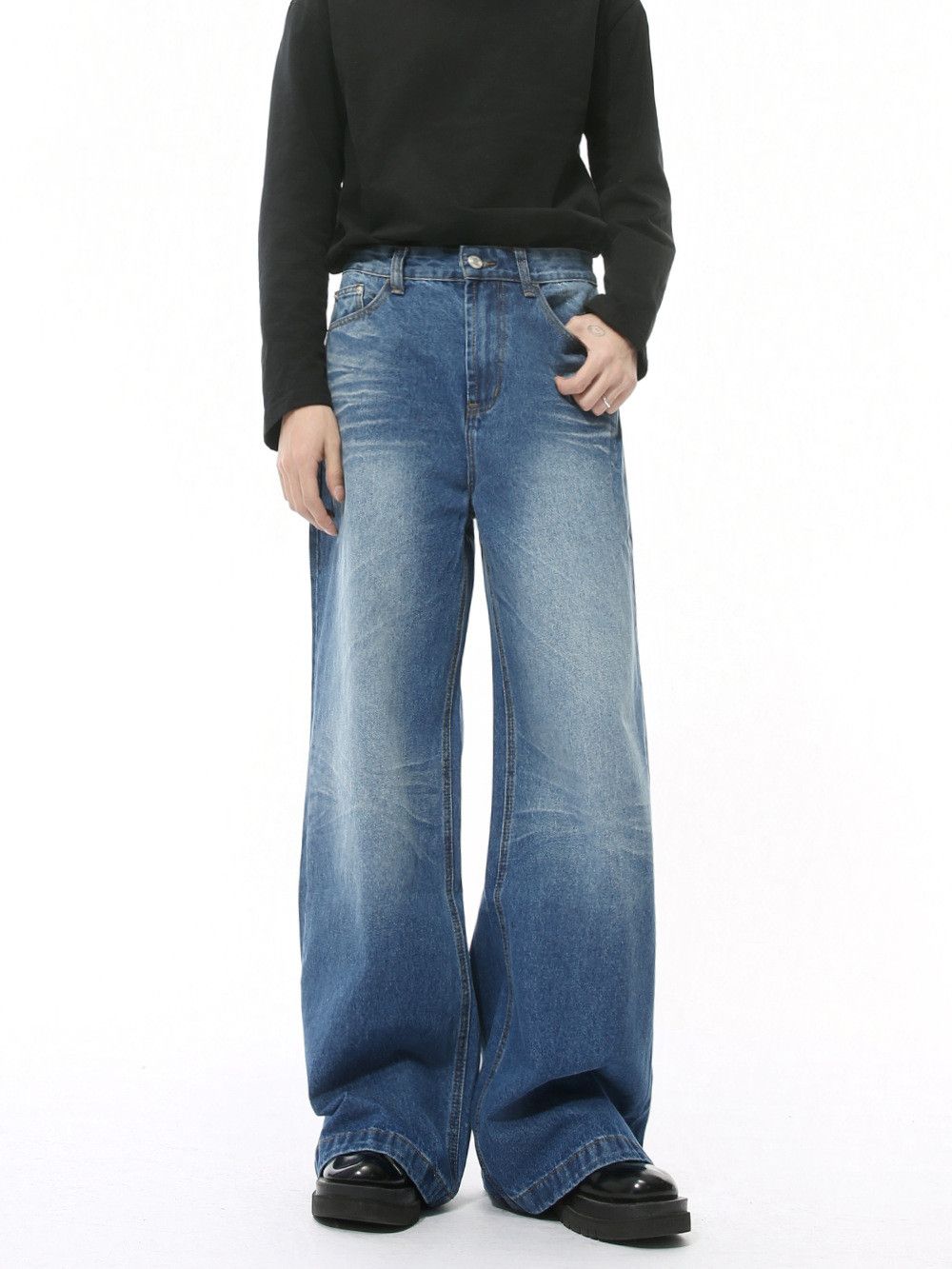 Jean Men's Japanese Retro Washed Straight Leg Loose Fit Jeans Size US 32 / EU 48 - 2 Thumbnail