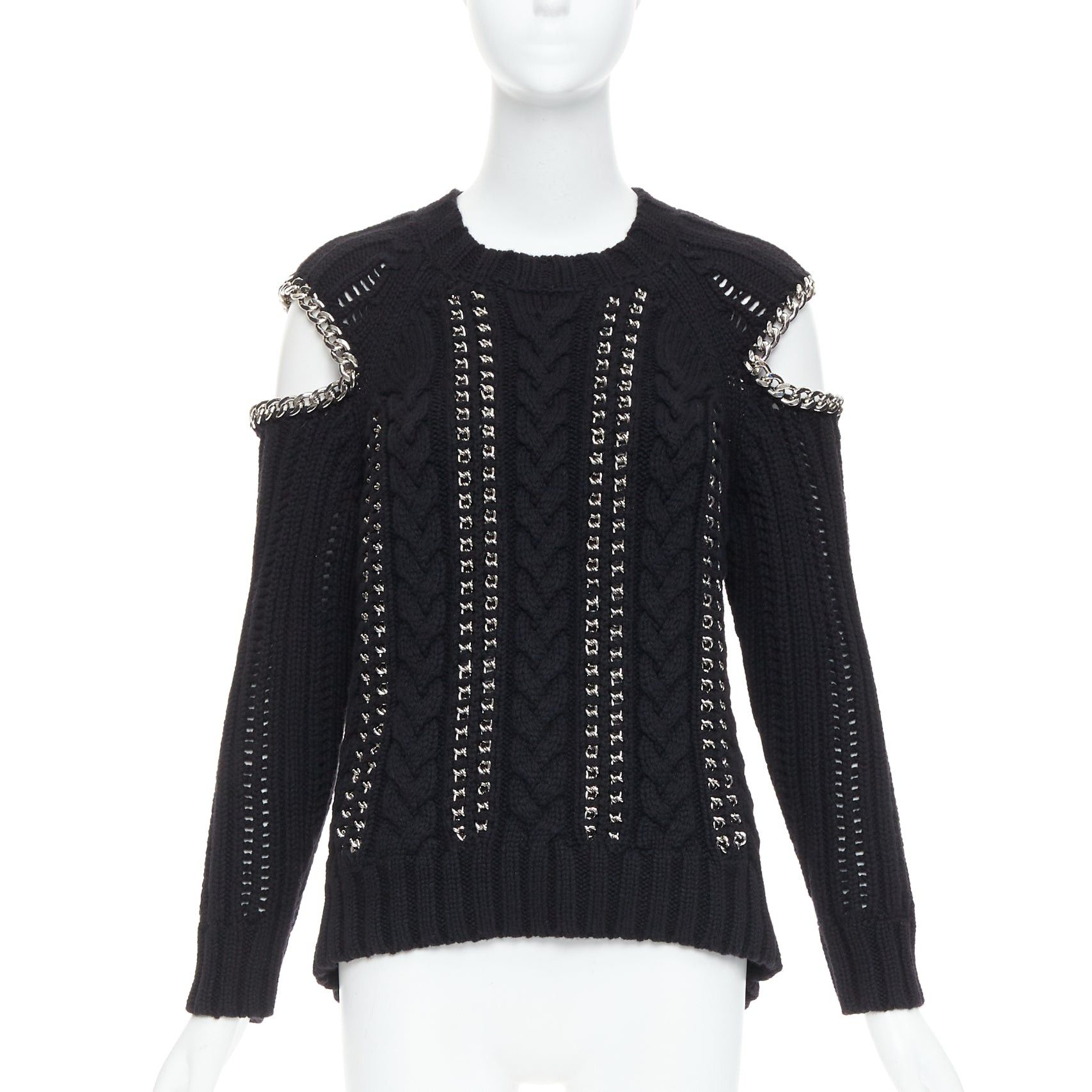 Alexander McQueen ALEXANDER MCQUEEN 2018 100% cashmere silver chain cold shoulder sweater S Size S / US 4 / IT 40 - 1 Thumbnail