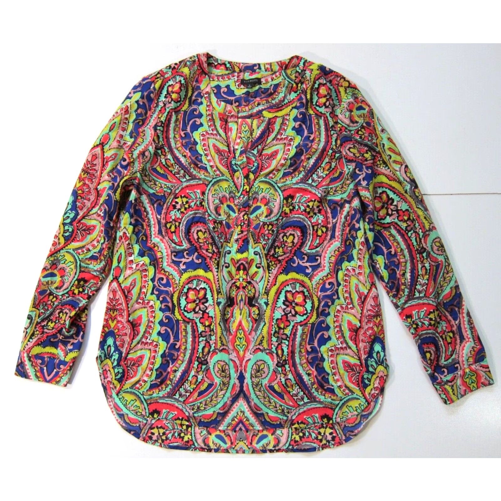 Talbots Talbots Blouse Women Small Green Retro Floral Long Sleeve V-Neck Top Size S / US 4 / IT 40 - 2 Thumbnail