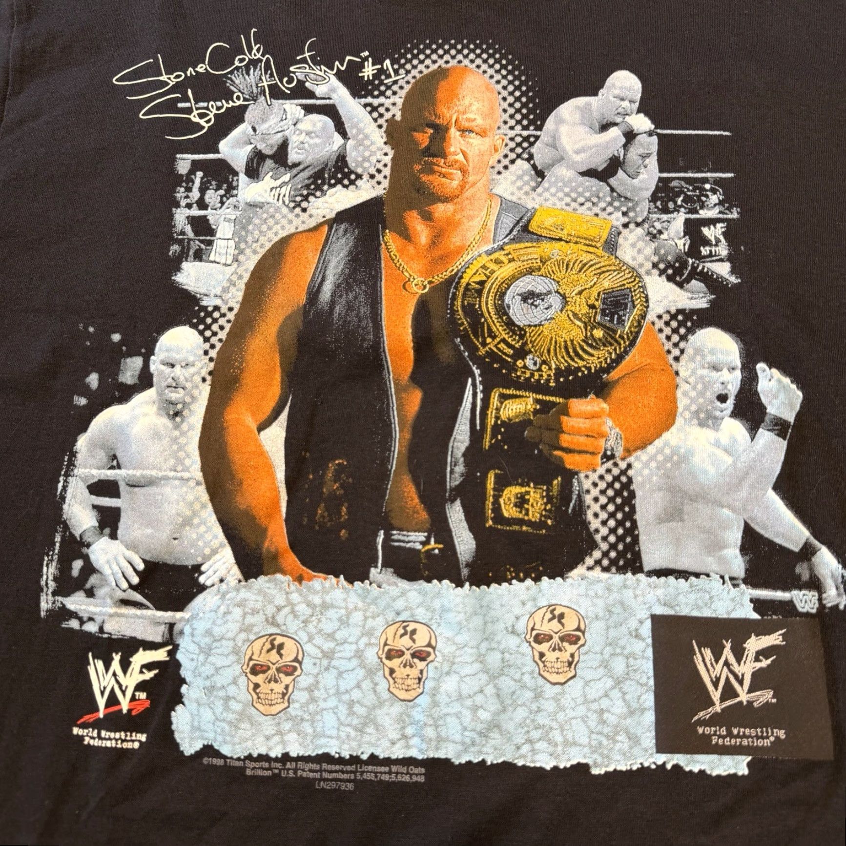 Champion VINTAGE WWF Stone Cold Steve Austin T-Shirt XL Unisex Adults Black Graphic Tee 1998 Attitude Stunner Champion Belt WWE WWF Decade 90s Mens Size US XL / EU 56 / 4 - 2 Thumbnail