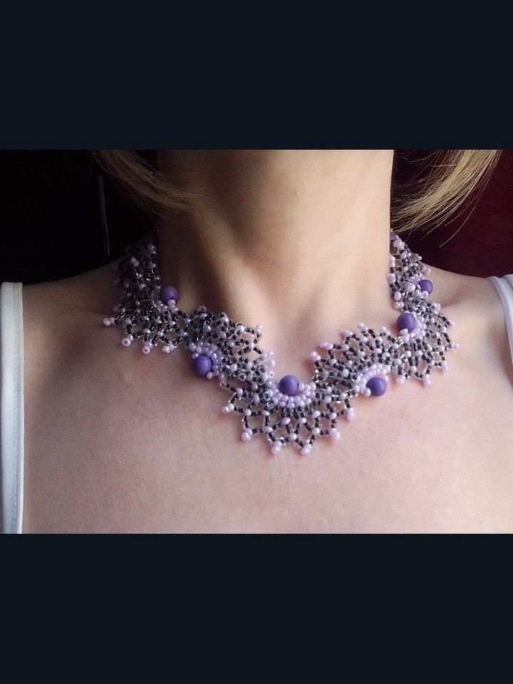 Handmade Necklace Netted Elegant Pearls Beaded Black Purple Size ONE SIZE - 2 Thumbnail