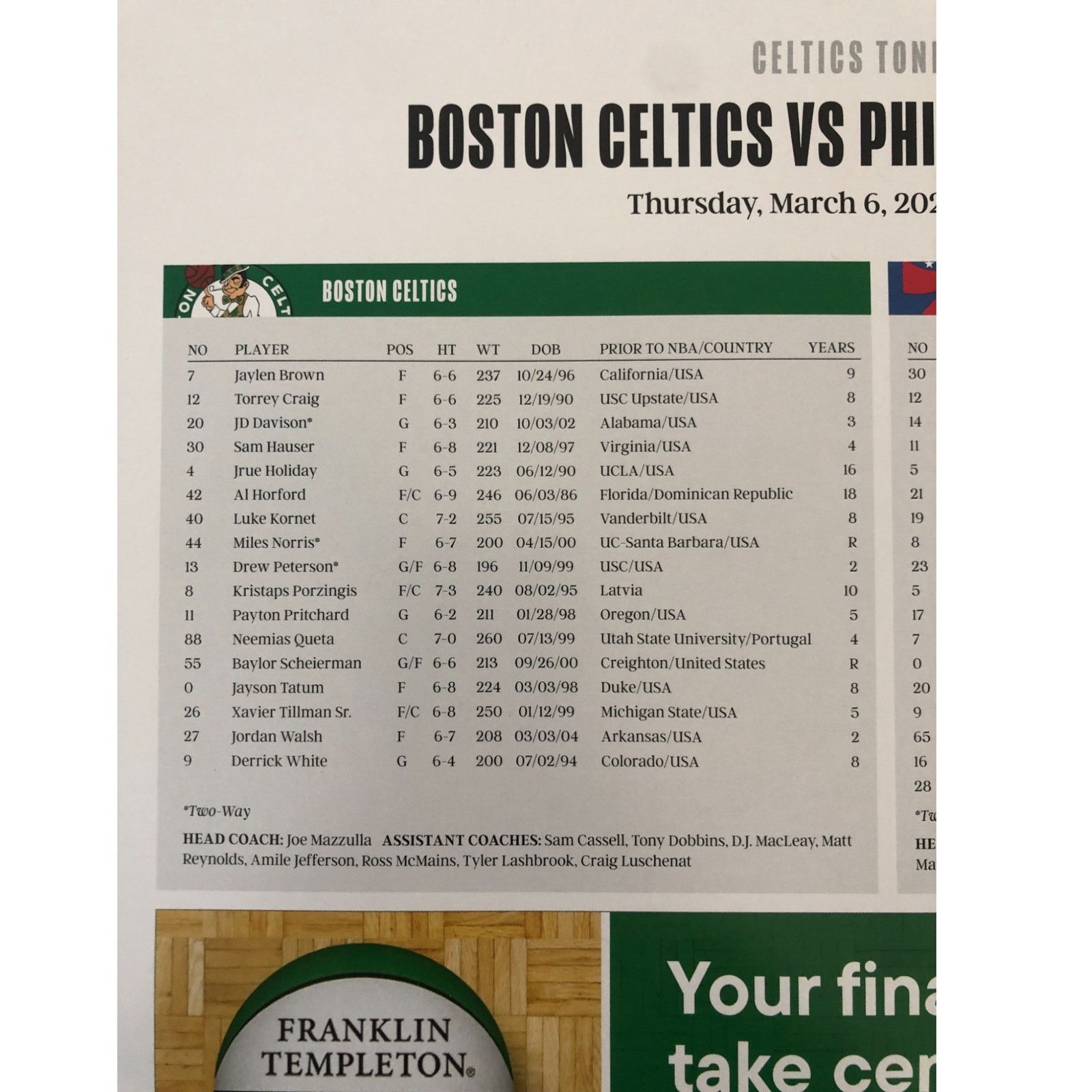 NBA Boston Celtics v Philadelphia 76ers 3/6/2025 Poster Horford Size ONE SIZE - 6 Thumbnail