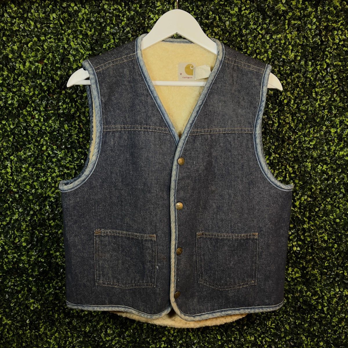 image of 70's Carhartt Sunfaded Denim Lined Button Up Vest in Blue, Men's (Size Large)