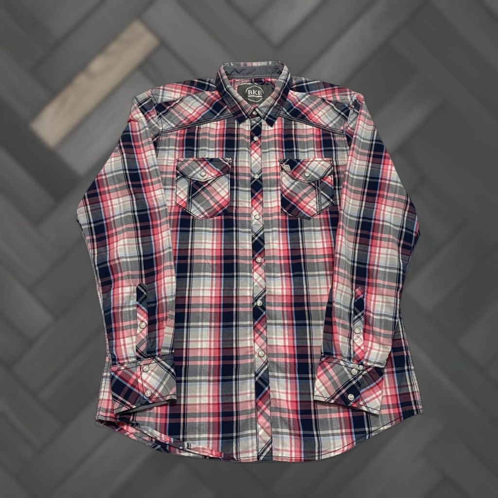 BKE BKE Shirt Western Plaid Pink Long Sleeve Button-Up Snap Pocket Collared Cotton Blend Men L Size US L / EU 52-54 / 3 - 1 Thumbnail