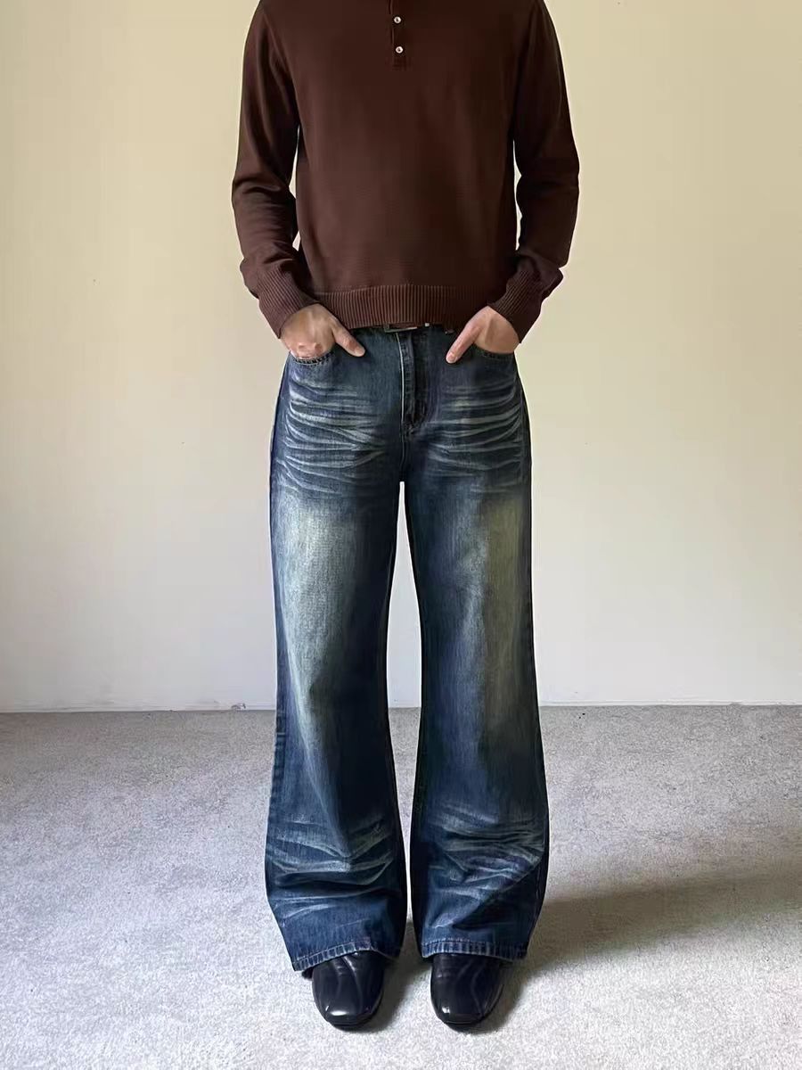 Jean Blue Water Wave Cat-Whisker Loose-Fit Jeans Size US 34 / EU 50 - 2 Thumbnail