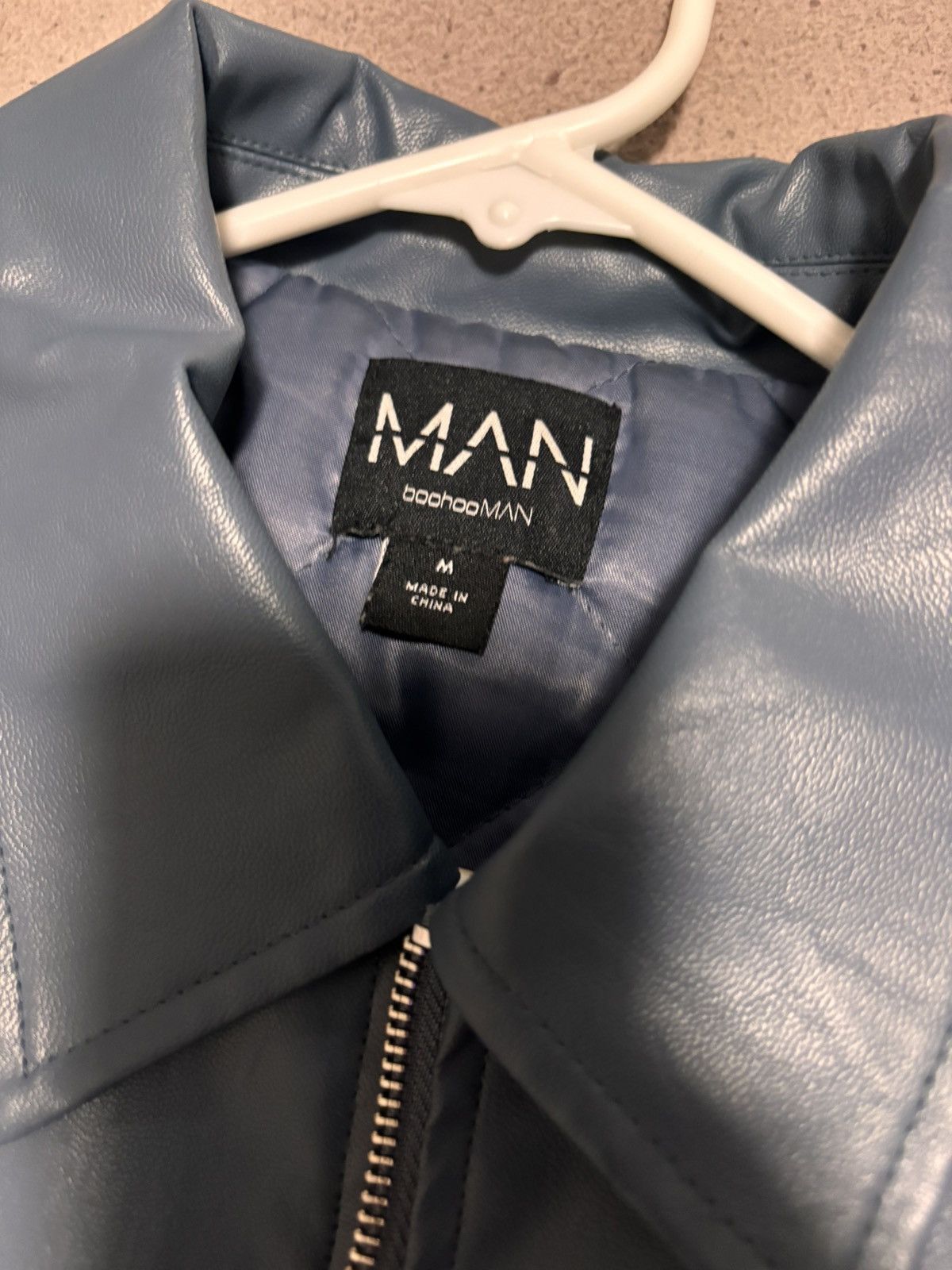 Boohoo BoohooMAN Leather Blue Biker Jacket Size US M / EU 48-50 / 2 - 3 Thumbnail