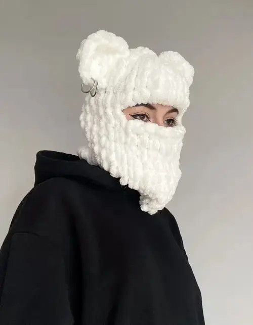 Japanese Brand Dear Balaclava . Knitted ski mask with ears. White face mask Size ONE SIZE - 5 Thumbnail
