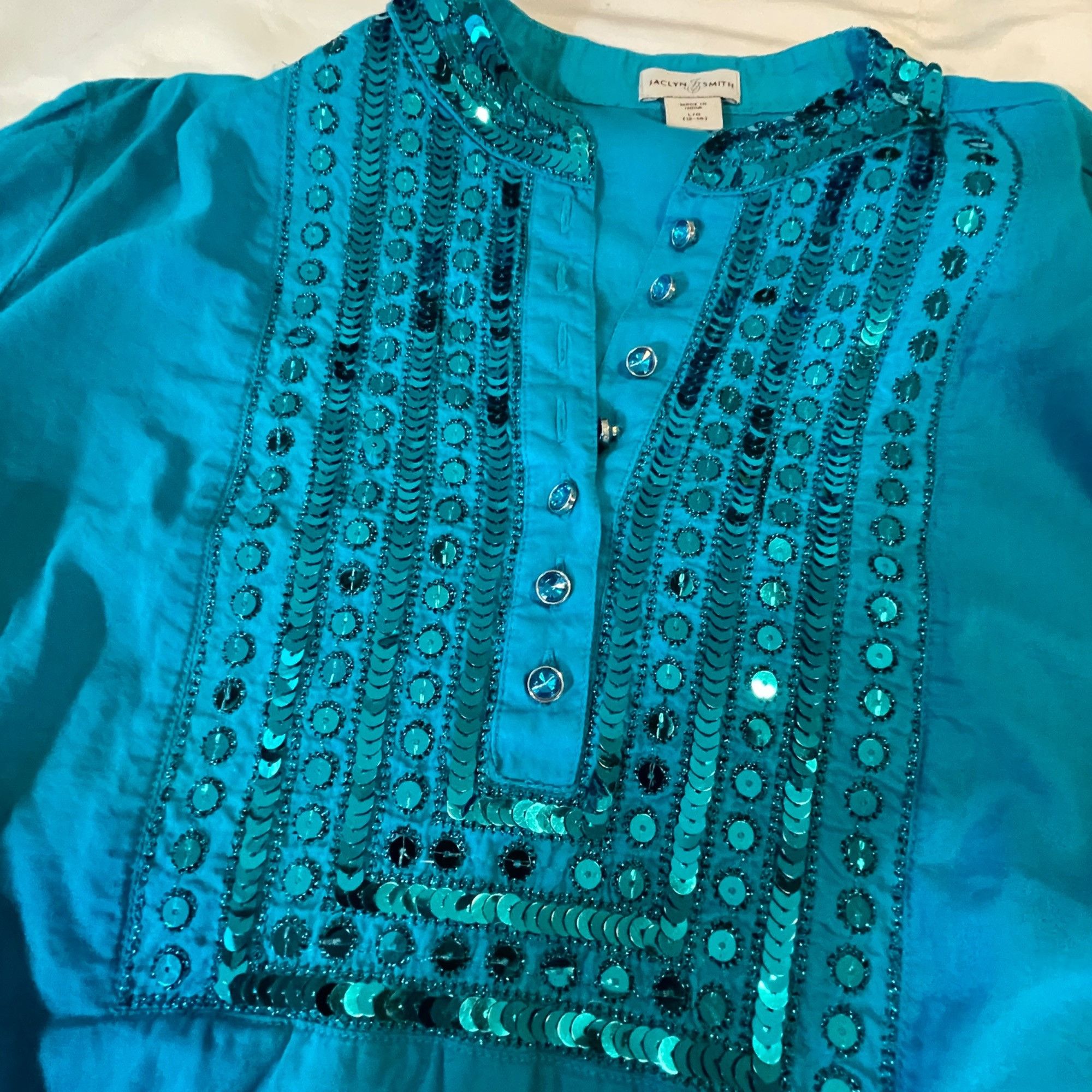 Other Jaclyn Smith Womens Large Teal Embellished Cotton Blouse Size L / US 10 / IT 46 - 3 Thumbnail