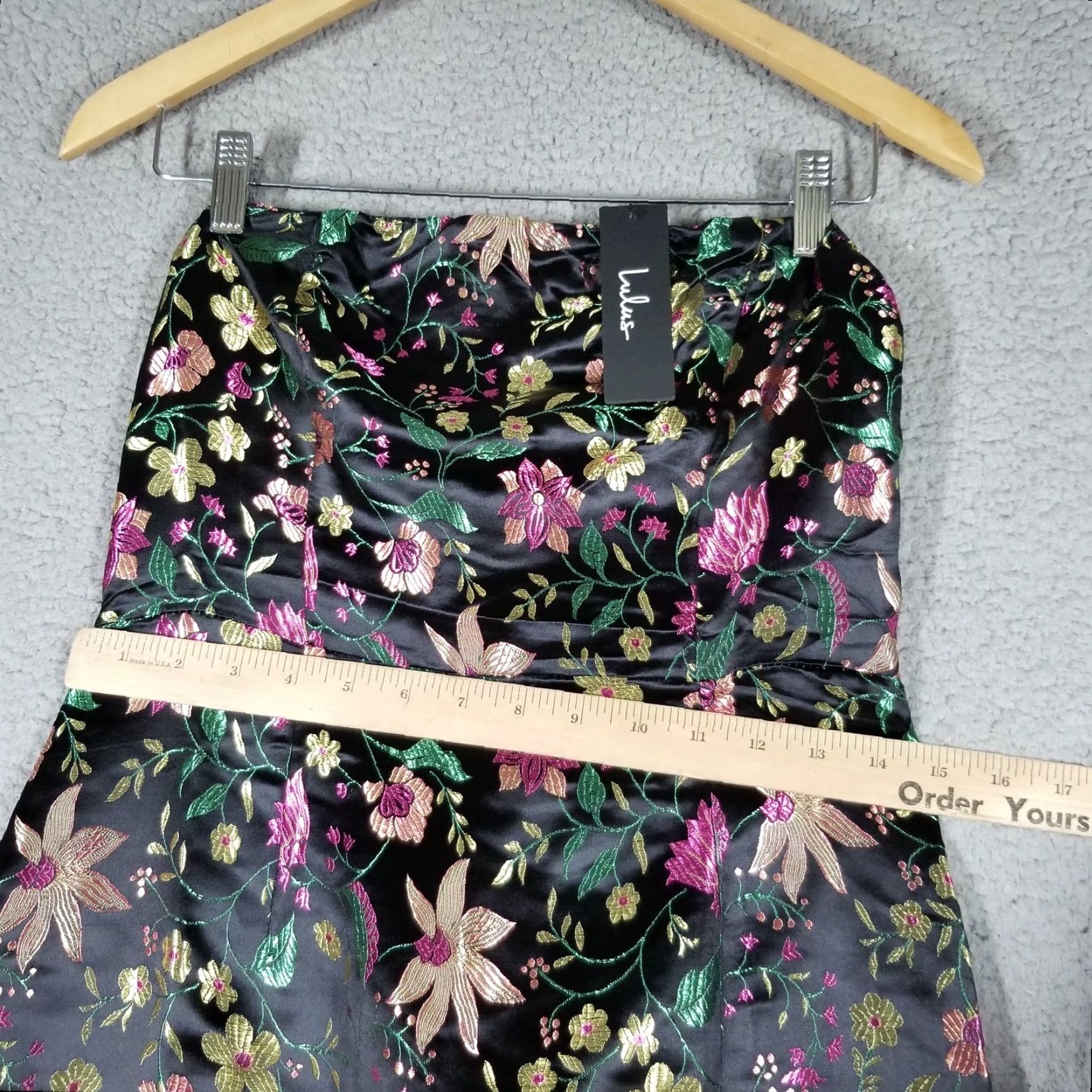 Lulus Make a Move Black Satin Floral Jacquard Strapless Midi Dress NWT Medium
