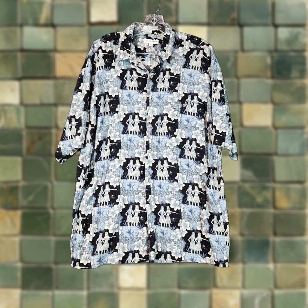 Pierre Cardin VINTAGE Pierre Cardin Shirt Men L Blue Hawaiian Button-Up 100% Rayon Adult Mens Short Sleeve Size US 33 - 1 Thumbnail
