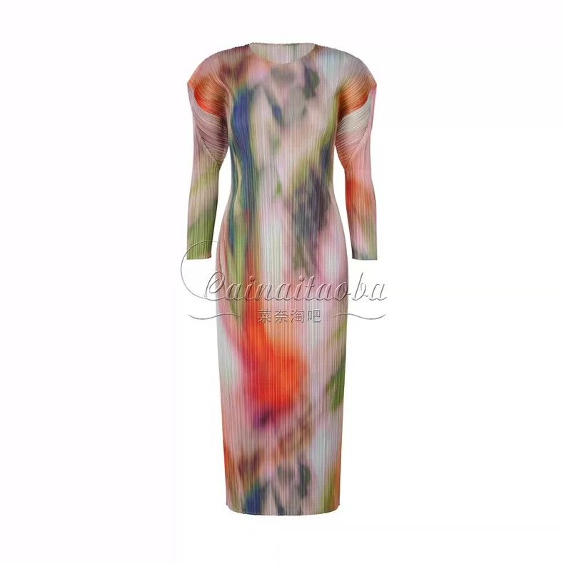 Issey Miyake Issey Miyake size:2 Pink and green pleated long-sleeved dr Size S / US 4 / IT 40 - 1 Thumbnail