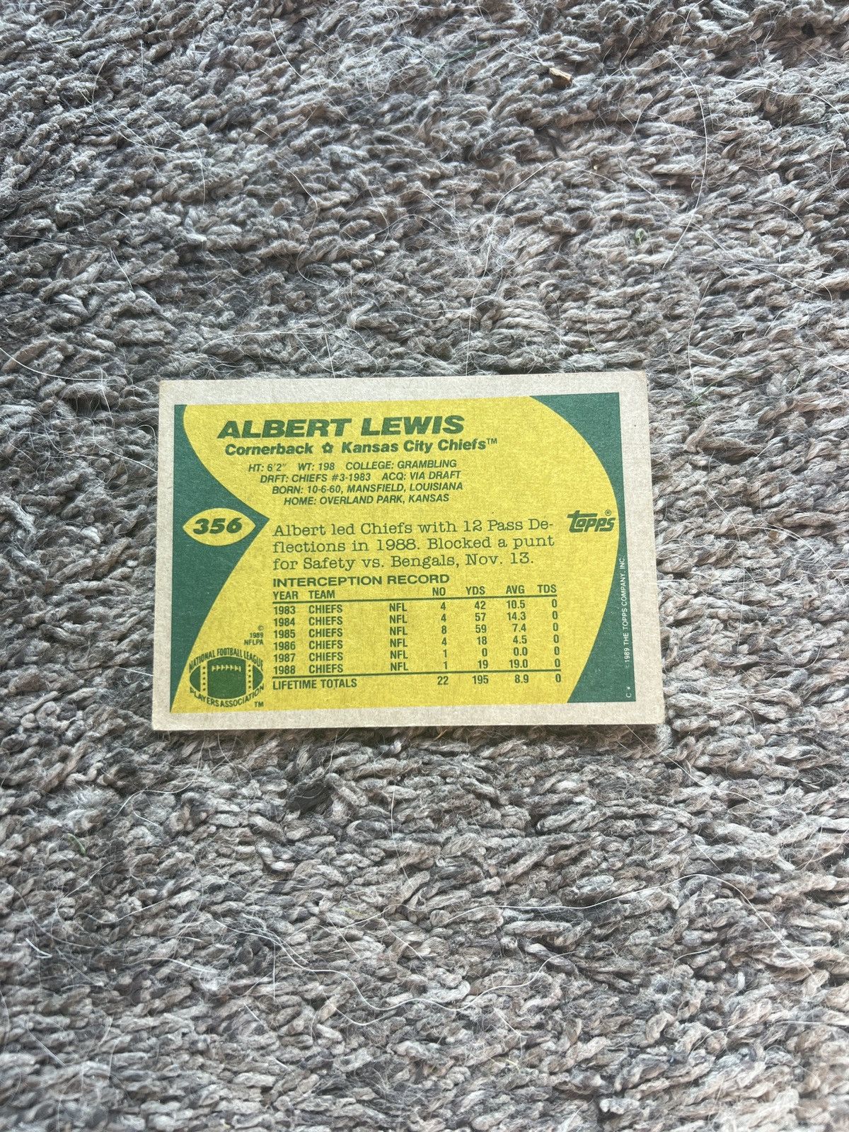 NFL 1989 Topps #356 Albert Lewis Card Size ONE SIZE - 2 Thumbnail