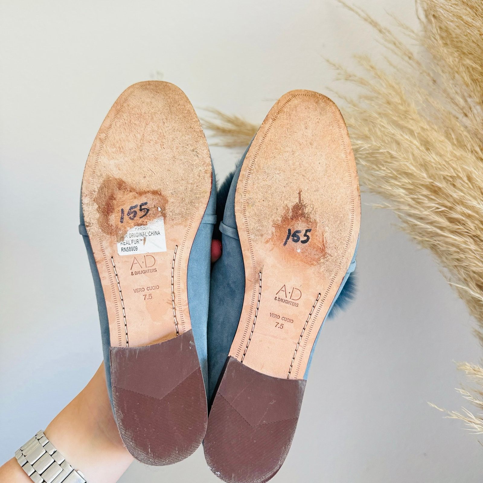 AD Blue Grey Rabbit Fur Flats Toe Bow Slides Mules Shoes 7.5