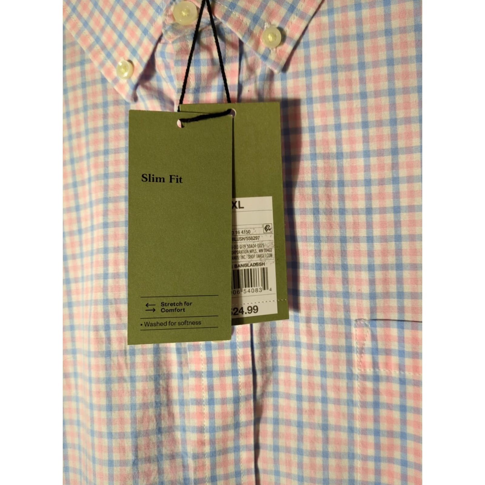 Vintage Goodfellow & Co Dress Shirt XL Slim Blue Pink Plaid Stretch 1 Pocket NWT Shirt Mens Slim Fit Blue/Pink Size 46R - 2 Thumbnail