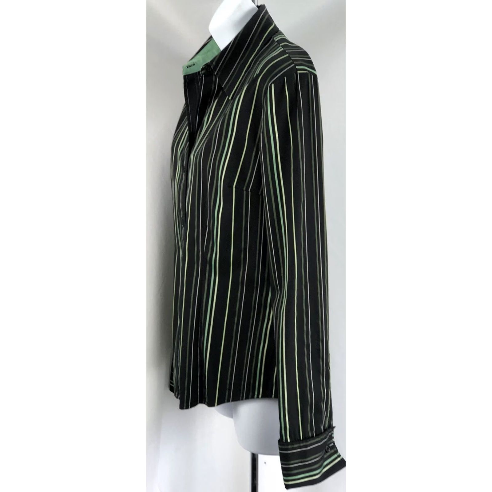 Vintage VINTAGE New York& Co Button-Up Top S Black/Green Stripe Collared Long Sleeve Size S / US 4 / IT 40 - 2 Thumbnail