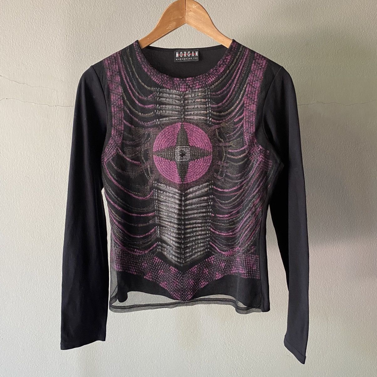 Morgan Homme MORGAN Y2K Black Sheer Top with Purple Graphic Print Size S / US 4 / IT 40 - 4 Thumbnail