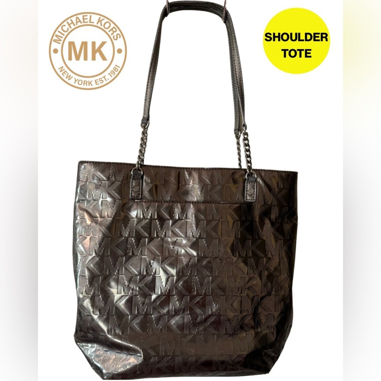 Michael Kors MICHAEL KORS 🩶 Monogrammed Metallic Tote with Silver Chains Size ONE SIZE - 1 Thumbnail