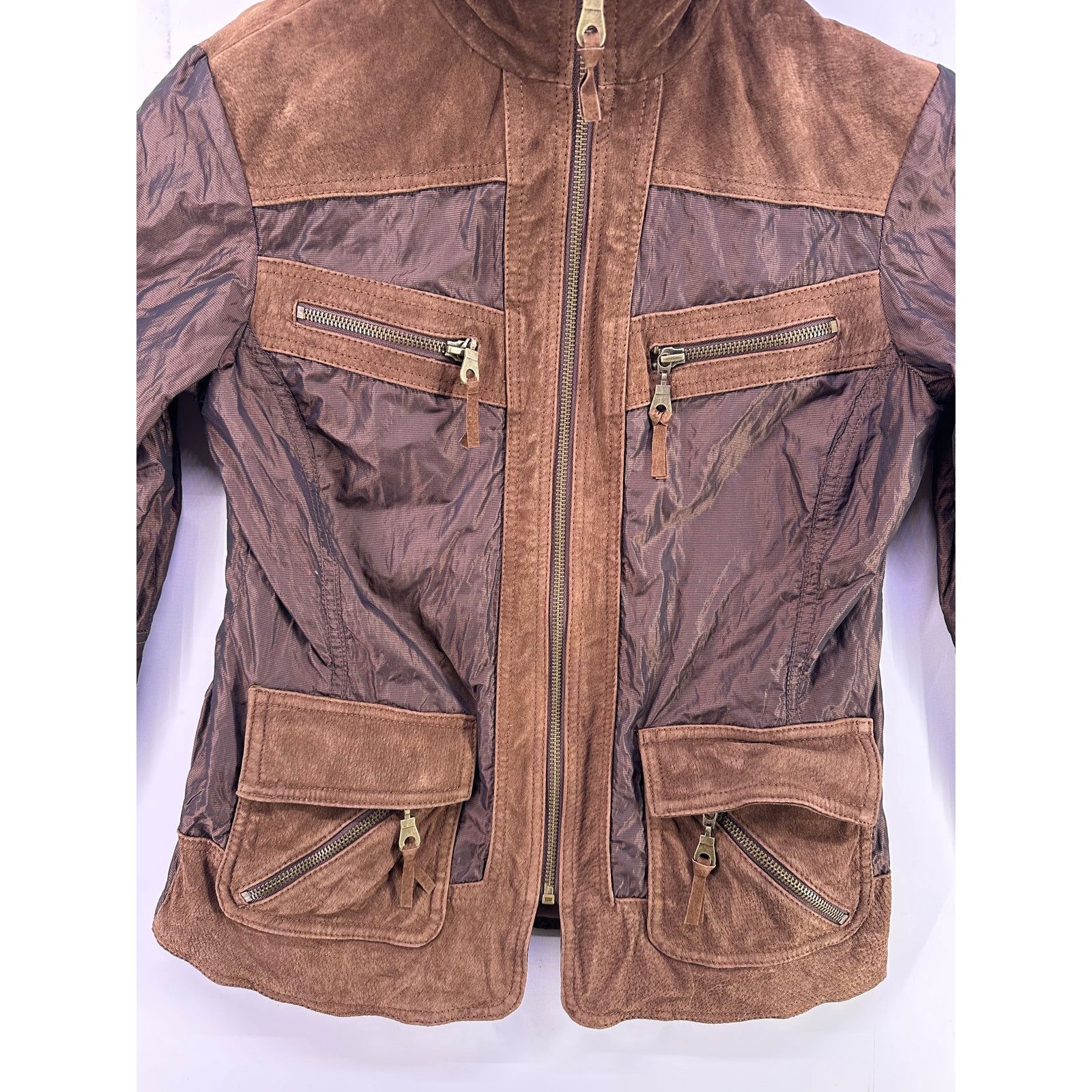 & Other Stories Vintage Chicos Brown Leather Suede Trim Nylon Jacket Size 0 Size XS / US 0-2 / IT 36-38 - 8 Thumbnail