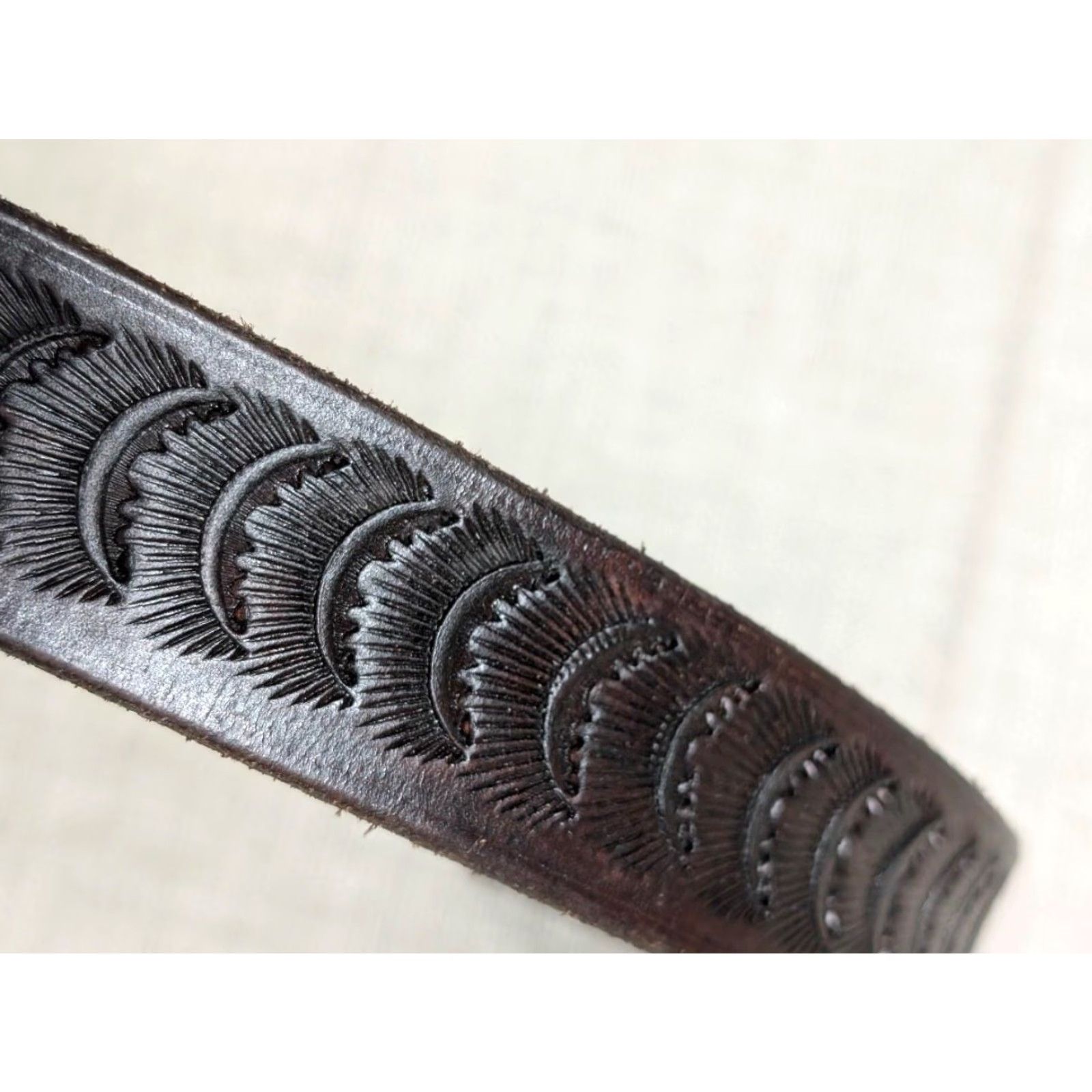 Vintage VINTAGE western belt Hand Tooled Geometric Leather 40 brown Mens Belt Geometric Southwestern 1-1/4" buckle 46" total length 39-43 holes Size 40 - 6 Thumbnail