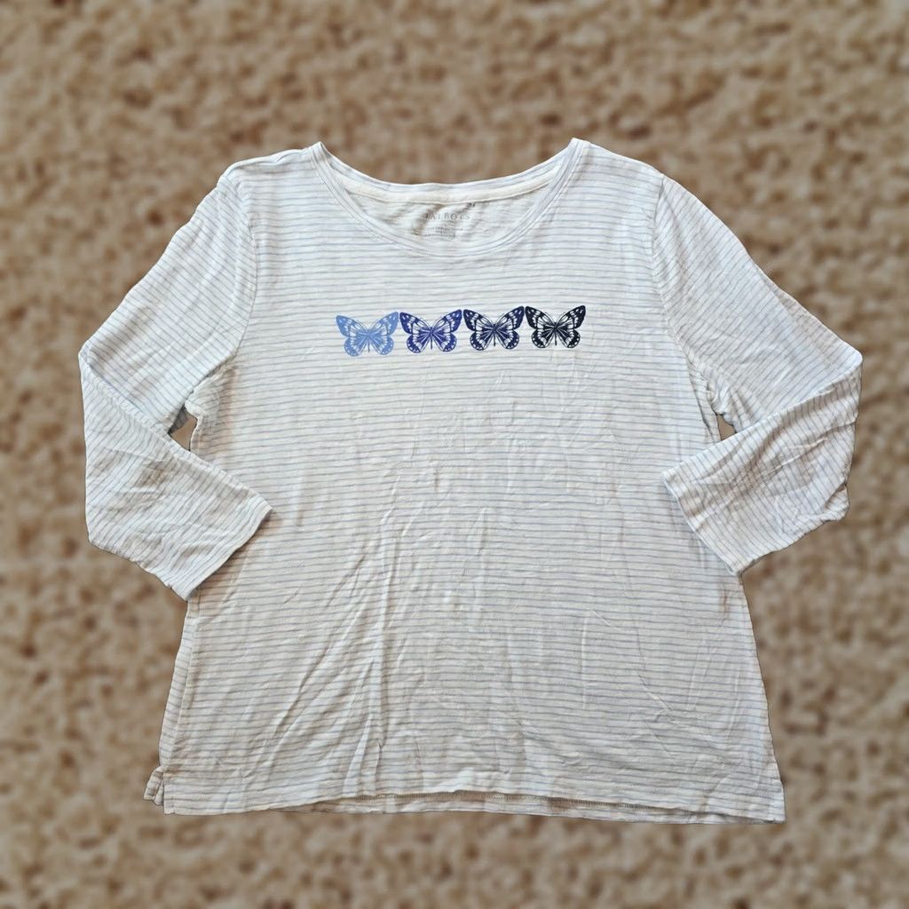 Talbots Talbots Top Shirt Women Large Blue Striped Butterfly 3/4 Sleeve Stretch Casual Size L / US 10 / IT 46 - 1 Thumbnail