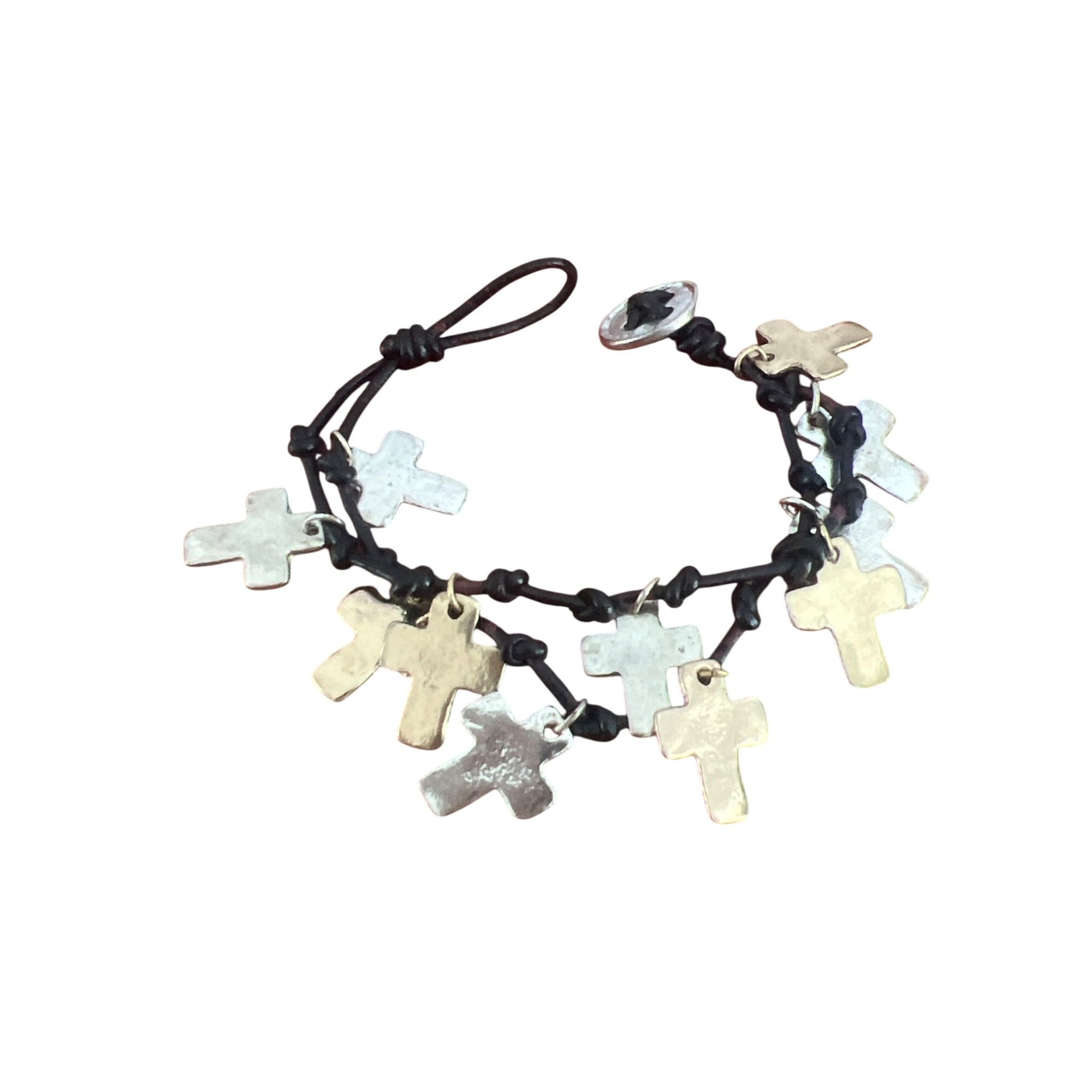 Other Double Leather Strand Bracelet Silver Gold Tone Cross Dangle Size ONE SIZE - 3 Thumbnail
