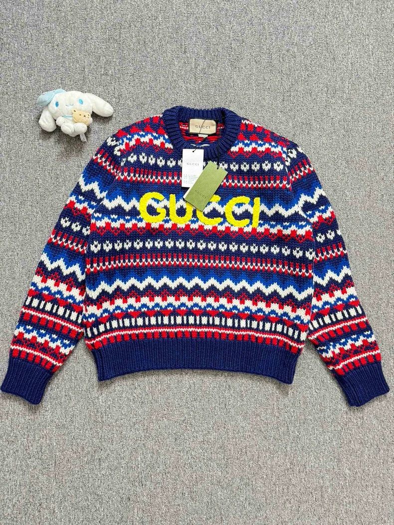 Gucci Gucci Red Blue Wool Sweater with Logo Size US M / EU 48-50 / 2 - 1 Thumbnail