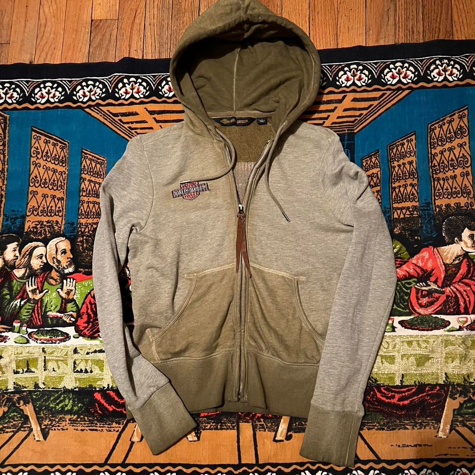 Harley Davidson × Vintage Womens harley davidson olive green zip up hoodie y2k cropped Size M / US 6-8 / IT 42-44 - 1 Thumbnail