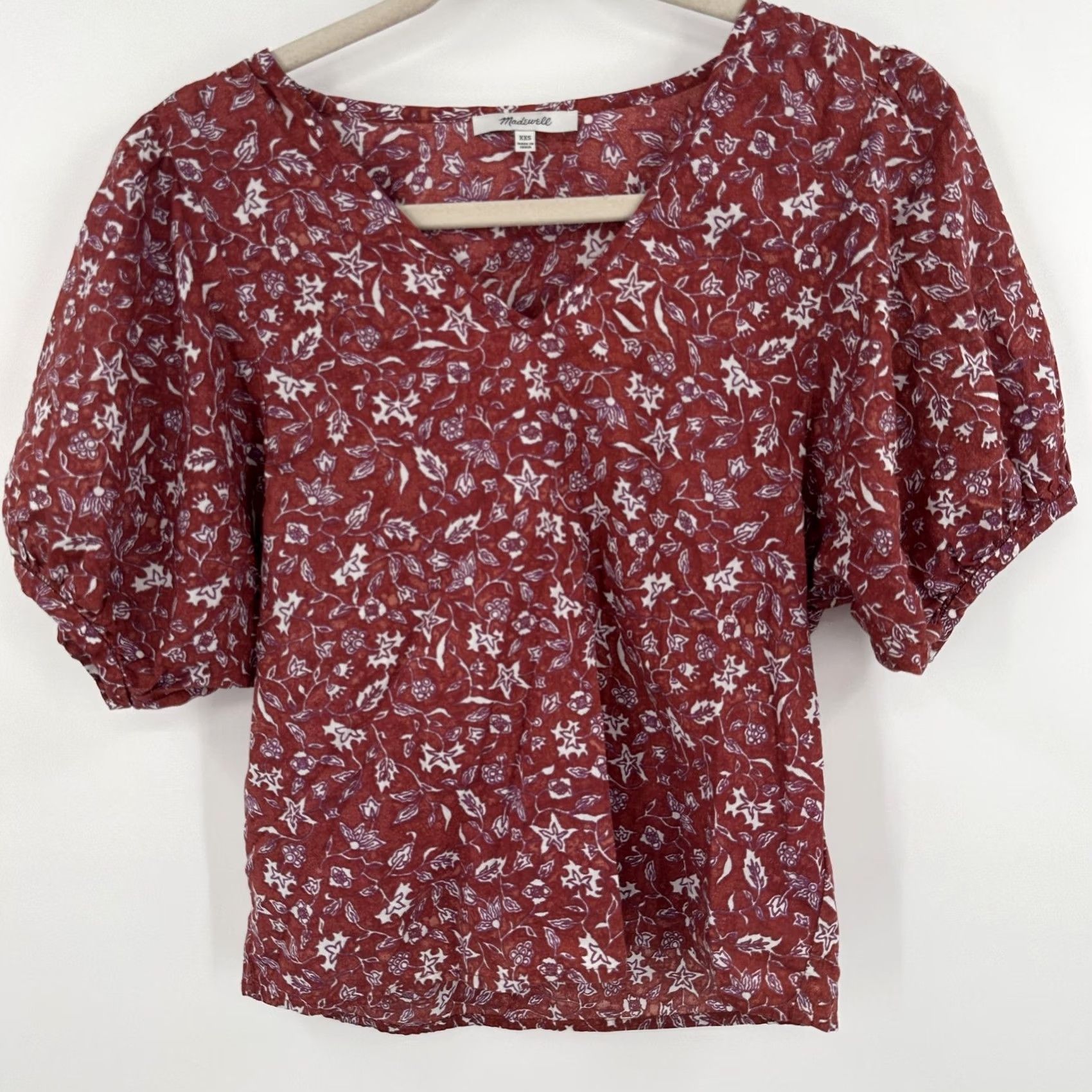 Madewell VINTAGE Madewell Shirt Womens XXS Red Floral Puff Sleeve Boho Top Lightweight Blouse Size XS / US 0-2 / IT 36-38 - 2 Thumbnail
