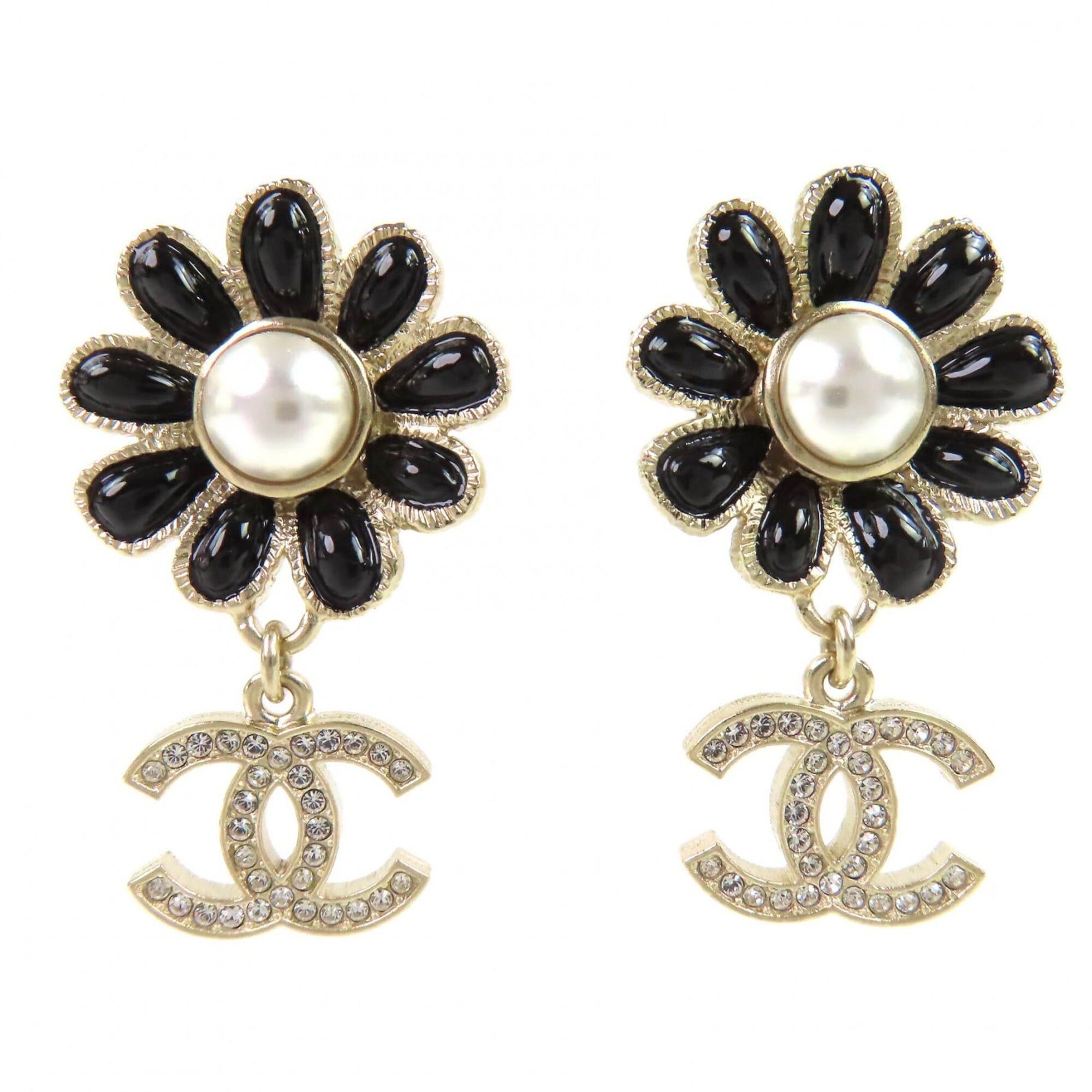 Chanel CHANEL A22K GP Coco Mark Flower Rhinestone Faux Pearl Swing Earrings (Pair) Gold Black Made in France Women's Stylish and Cute Recommended ◎ Size ONE SIZE - 1 Thumbnail