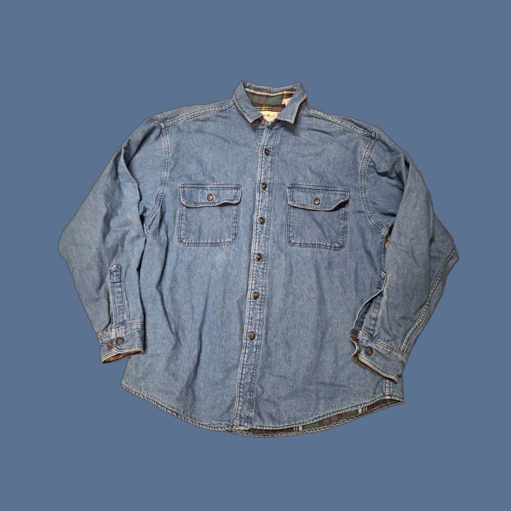 Eddie Bauer Eddie Bauer Mens L Denim Flannel Plaid Lined Button-Up Shacket 90s Outdoor Blues Womens? Size US L / EU 52-54 / 3 - 1 Thumbnail