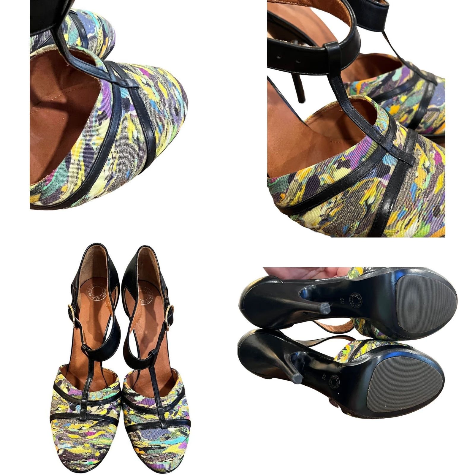 Dries Van Noten DRIES VAN NOTEN Pump Heel Women Multicolor T-Strap Leather Fabric 4.5" Stiletto Buckle Close Toe US 9 EUC GMO Size US 9 / IT 39 - 9 Thumbnail