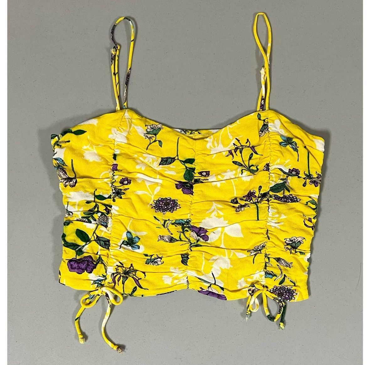 SKYLRK Yellow Floral Ruched Ties Crop Top Shirt Blouse Size S 🌼✨ Size S / US 4 / IT 40 - 2 Thumbnail