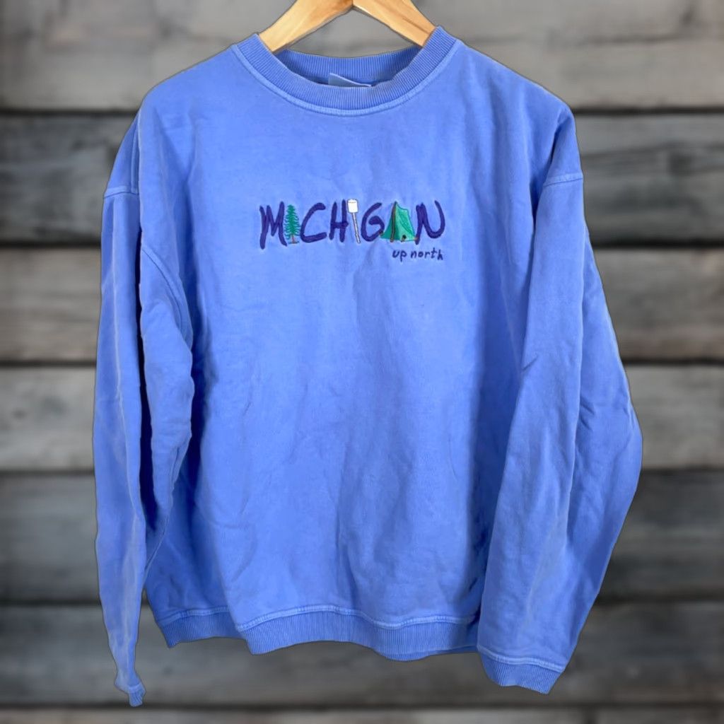 Vintage Genuine Pigment Dyed Michigan Up North Sweatshirt Blue Embroidered Crew Neck Adult XL Pullover Size US XL / EU 56 / 4 - 1 Thumbnail