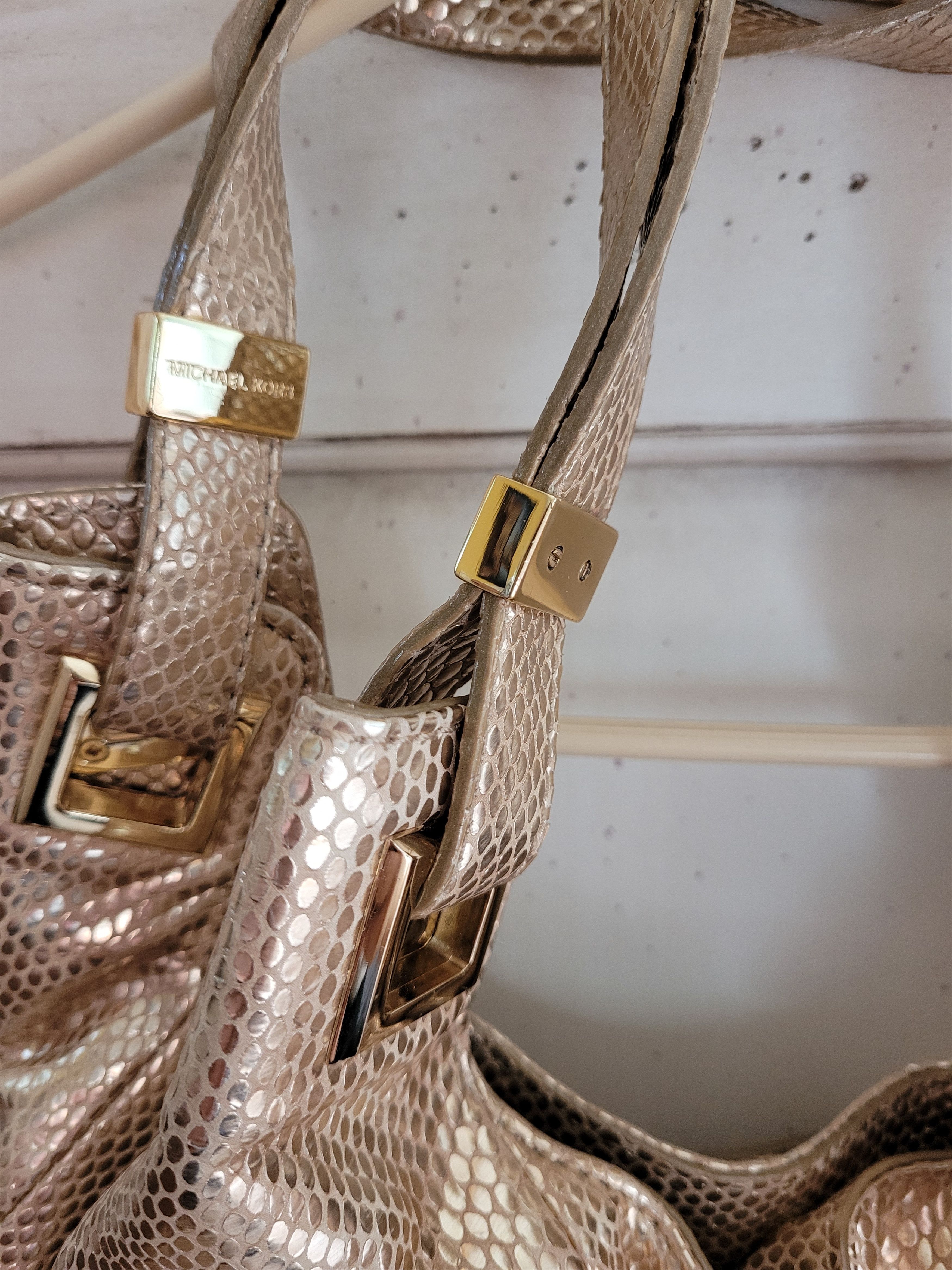 Michael Kors Carey Gold Leather Snake-Embossed Shoulder Tote Metallic Size ONE SIZE - 10 Thumbnail