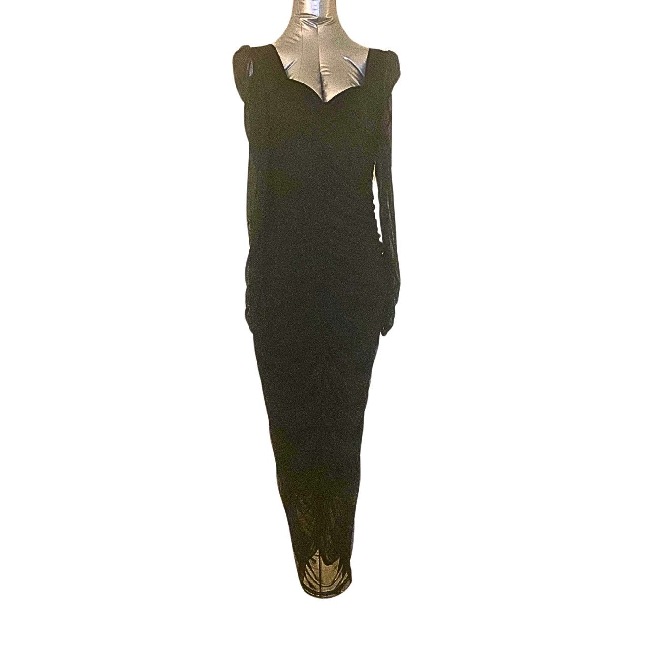 Shein Black Mesh Ruched Bodycon Midi Dress Size L / US 10 / IT 46 - 1 Thumbnail