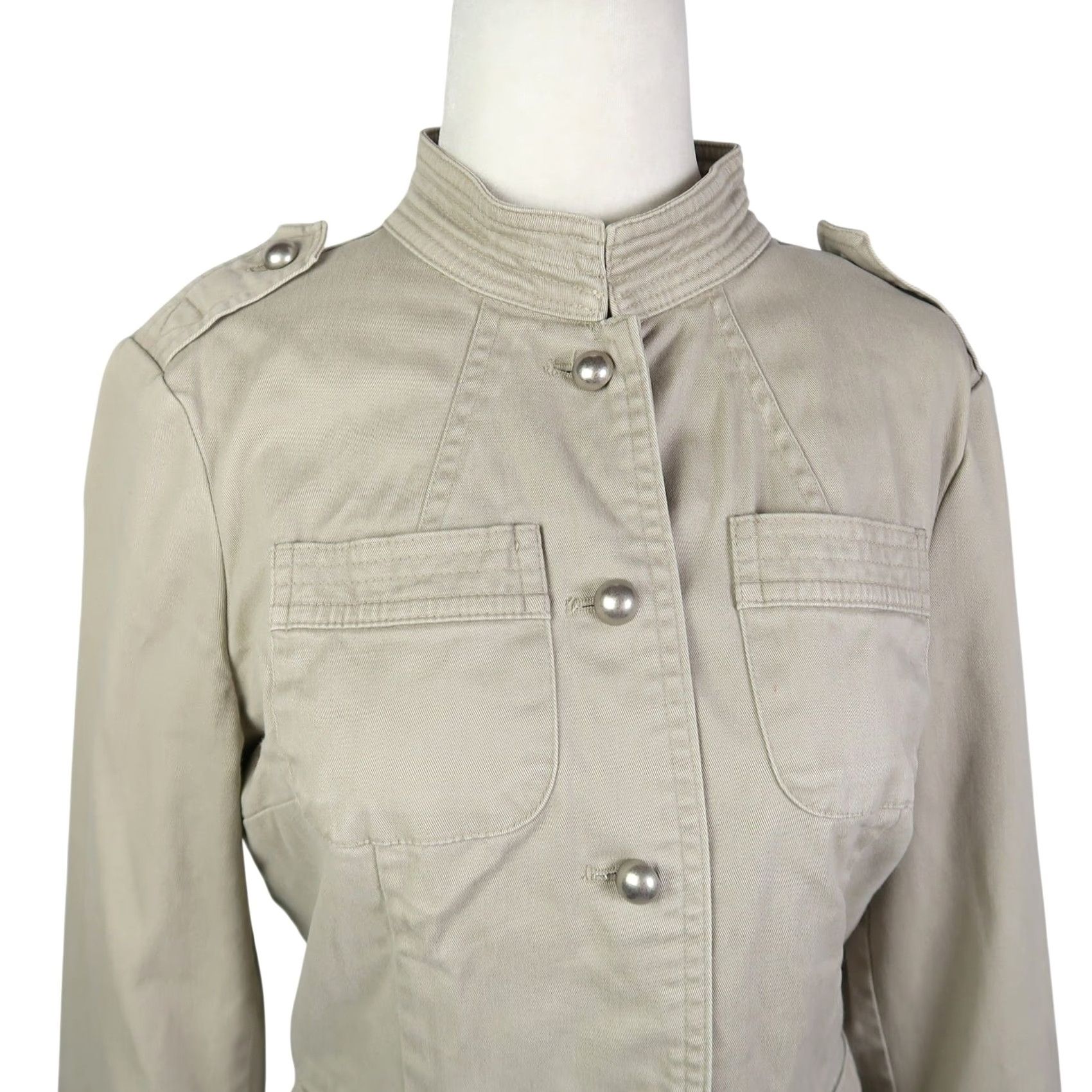 Mossimo VINTAGE Mossimo Jacket Women's Khaki Tan Button Front Band Short Cotton S Long Sleeve Bohemian Fall Spring 2000s Men/Women Size S / US 4 / IT 40 - 2 Thumbnail