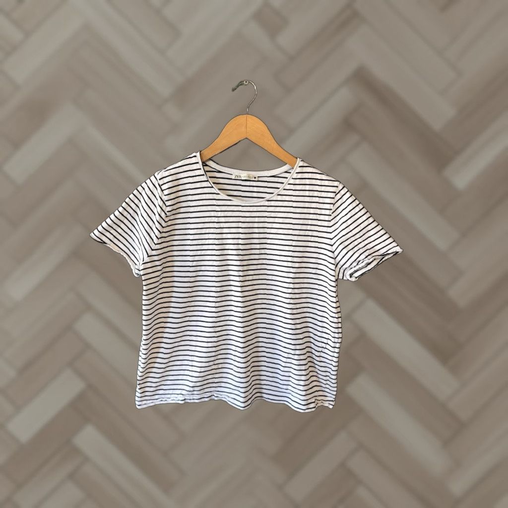 Zara Zara Cropped Shirt White Short Sleeve Striped T-Shirt Womens XL Size Size XL / US 12-14 / IT 48-50 - 1 Thumbnail
