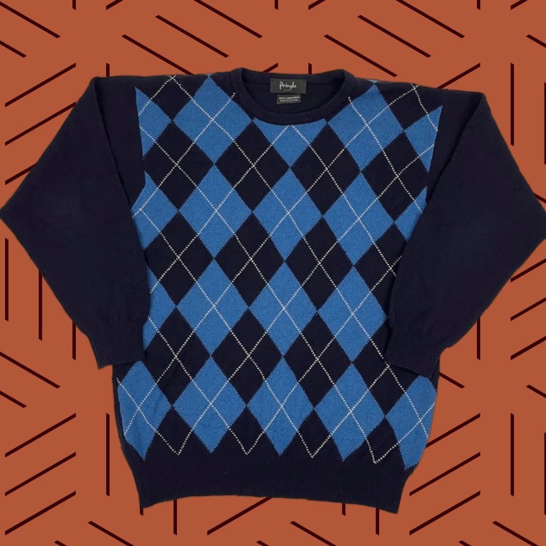 Pringle Of Scotland VINTAGE Pringle of Scotland Sport Sweater Mens L Blue Argyle Jumper Wool Lambs Wool Grandpa Size US L / EU 52-54 / 3 - 1 Thumbnail