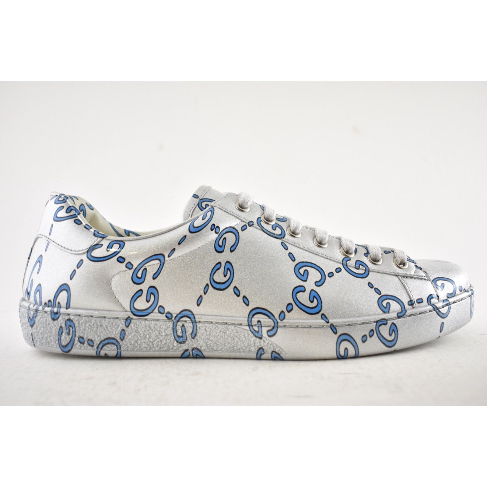 Gucci Gucci New Ace Silver Blue Ghost GG Leather Sneakers 9.5/10.5 Size US 10.5 / EU 43-44 - 2 Thumbnail