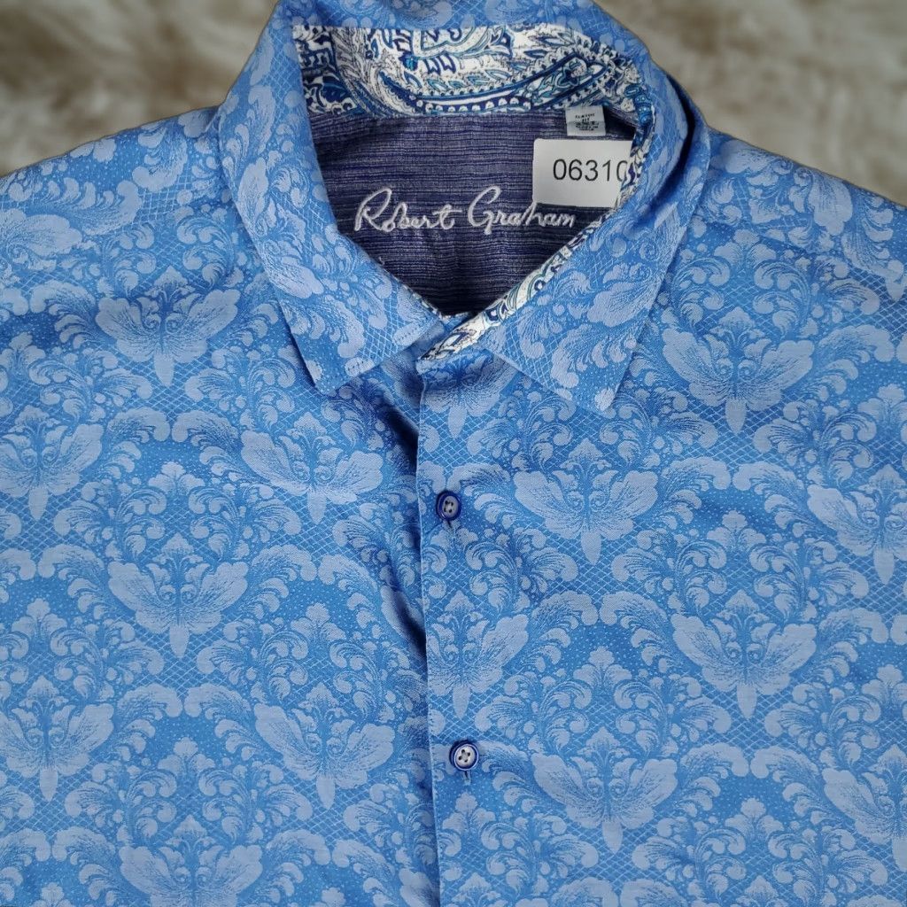 Robert Graham Shirt Mens 2XL Blue Floral Classic Fit Button Up Short Sleeve