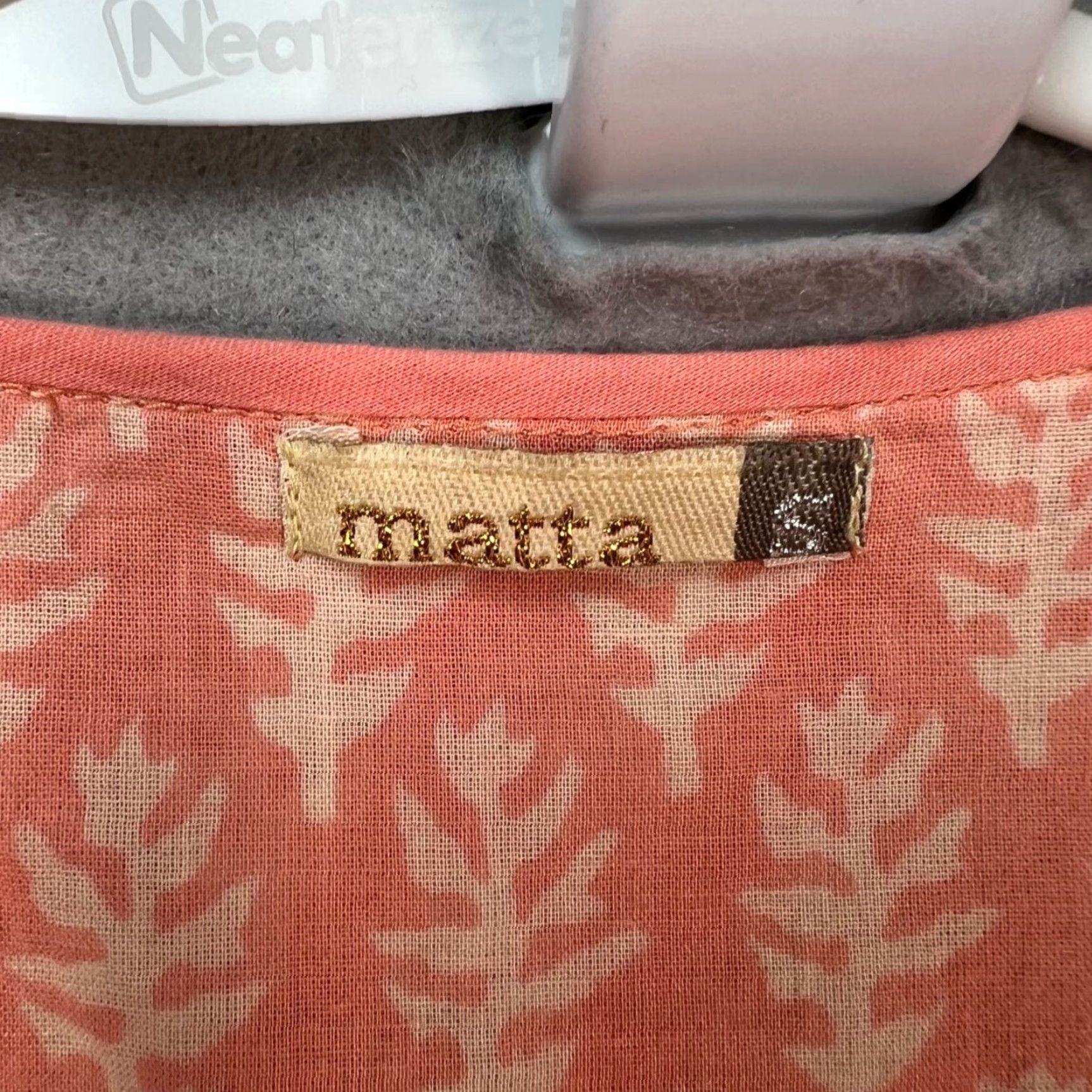 Vintage Matta Shirt Women Small Coral Pink Boho Maxi Dress Leaf Print Tiered Skirt Tie Neck Size 28" / US 6 / IT 42 - 3 Thumbnail