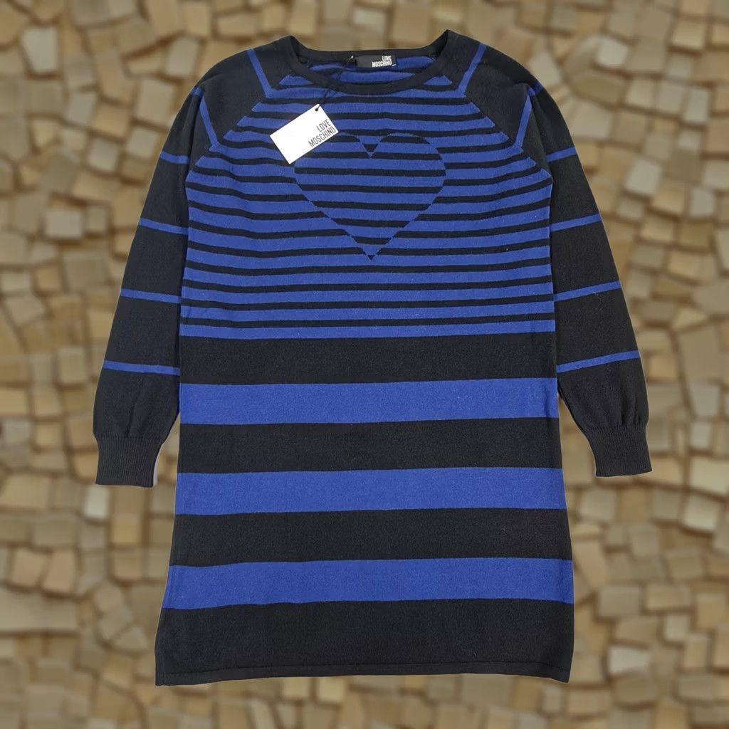 Moschino Love Moschino Womens Dress Striped Short Length Knitted Black Blue 12 UK Wool Acrylic Pullover Long Sleeve Casual Dress Mens Womens Girls Boys Size 34" / US 12 / IT 48 - 1 Thumbnail