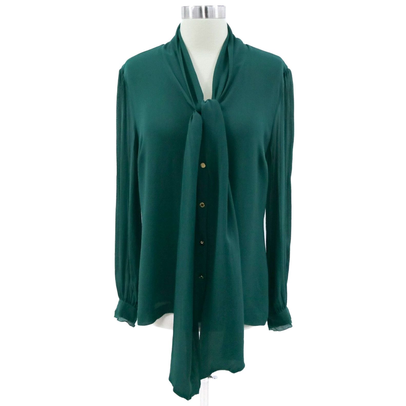 image of Tory Burch Silk Blouse Top Womens 12 Green Pussy Bow Puffed Sleeves in White (Size XL)